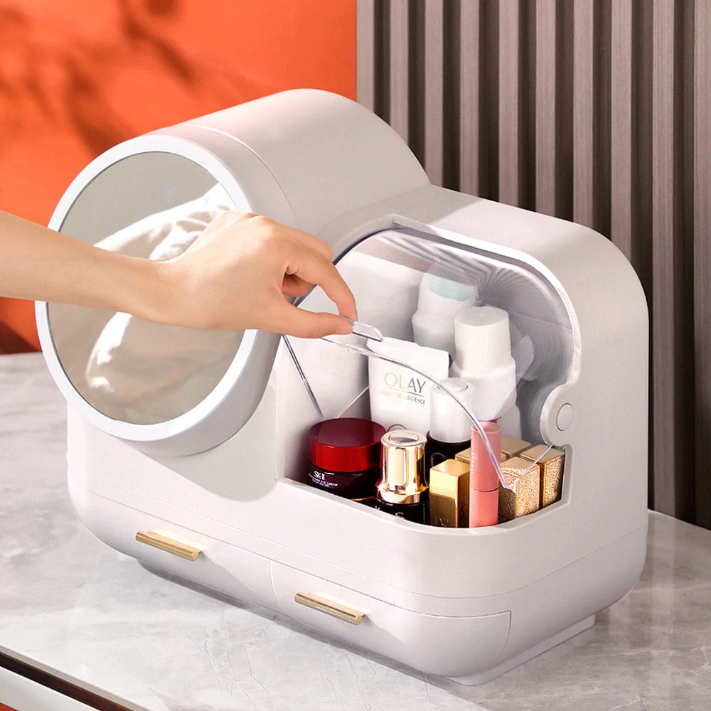 Makeup Storage Organizer, Standing Countertop Multifunctional Cosmetic Organizer with Fan and 360�� Rotating 3 Color Adjustable LED Mirror, White