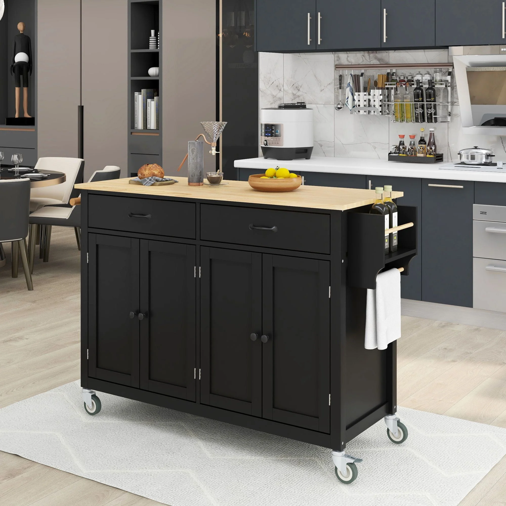 Kitchen Island Cart, Rolling Mobile Kitchen Island Cart with Wood Top and Locking Wheels, Storage Utility Cart with 4 Door Cabinet and Two Drawers, Spice Rack, Towel Rack, Black