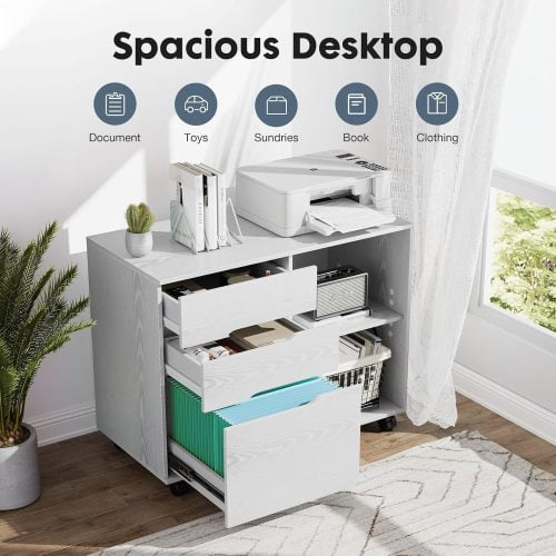 Mobile Wood Lateral File Cabinet with Wheels, Wood Storage Organizer with Drawers, Rolling Cabinet for Home Office, Printer Stand & Open Shelves, White