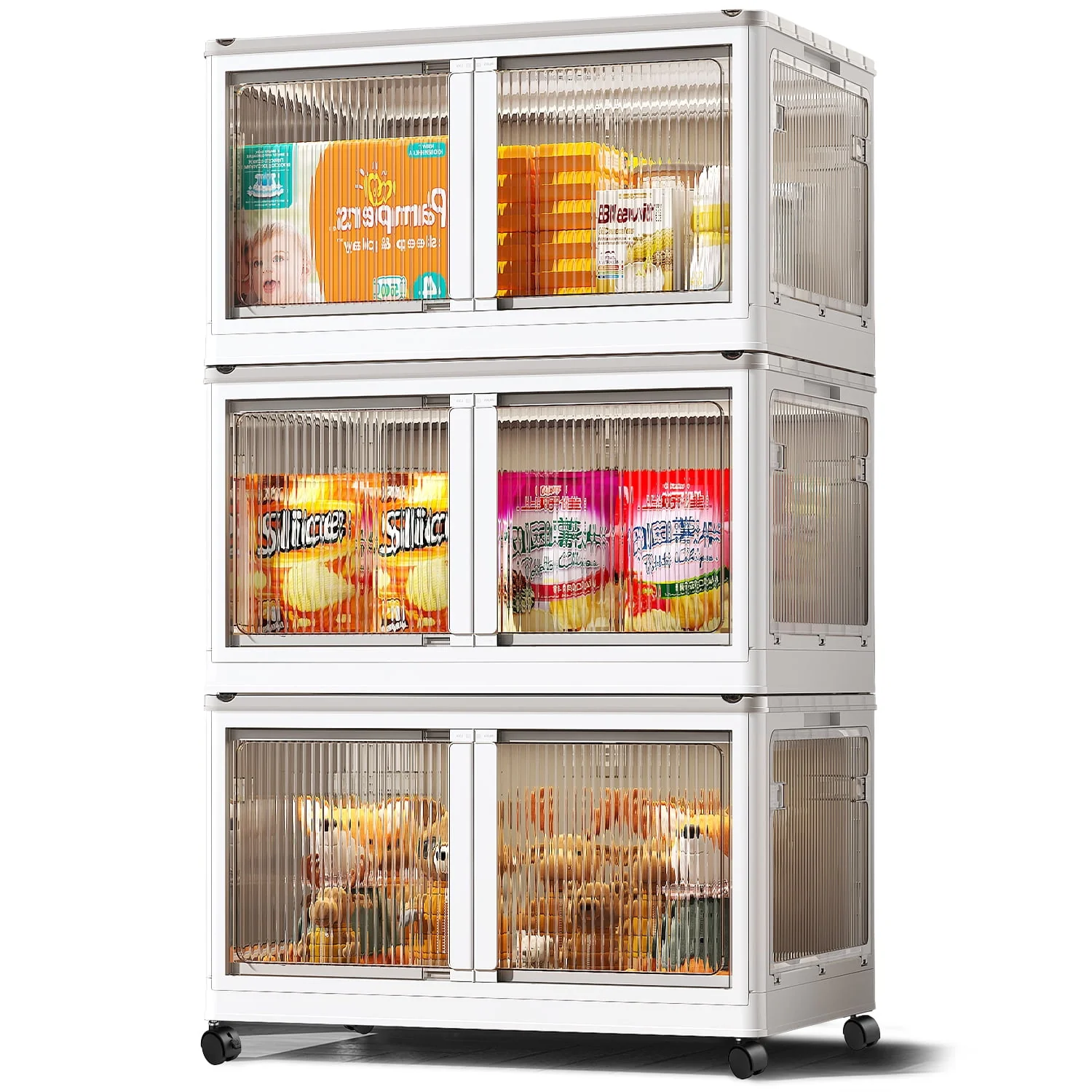 Storage Bins with Lids, Foldable Plastic Storage Container with Door, 3 Pack Stackable Collapsible Storage Bins for Closet Organizers and Storage, Secure Lock, 23.6