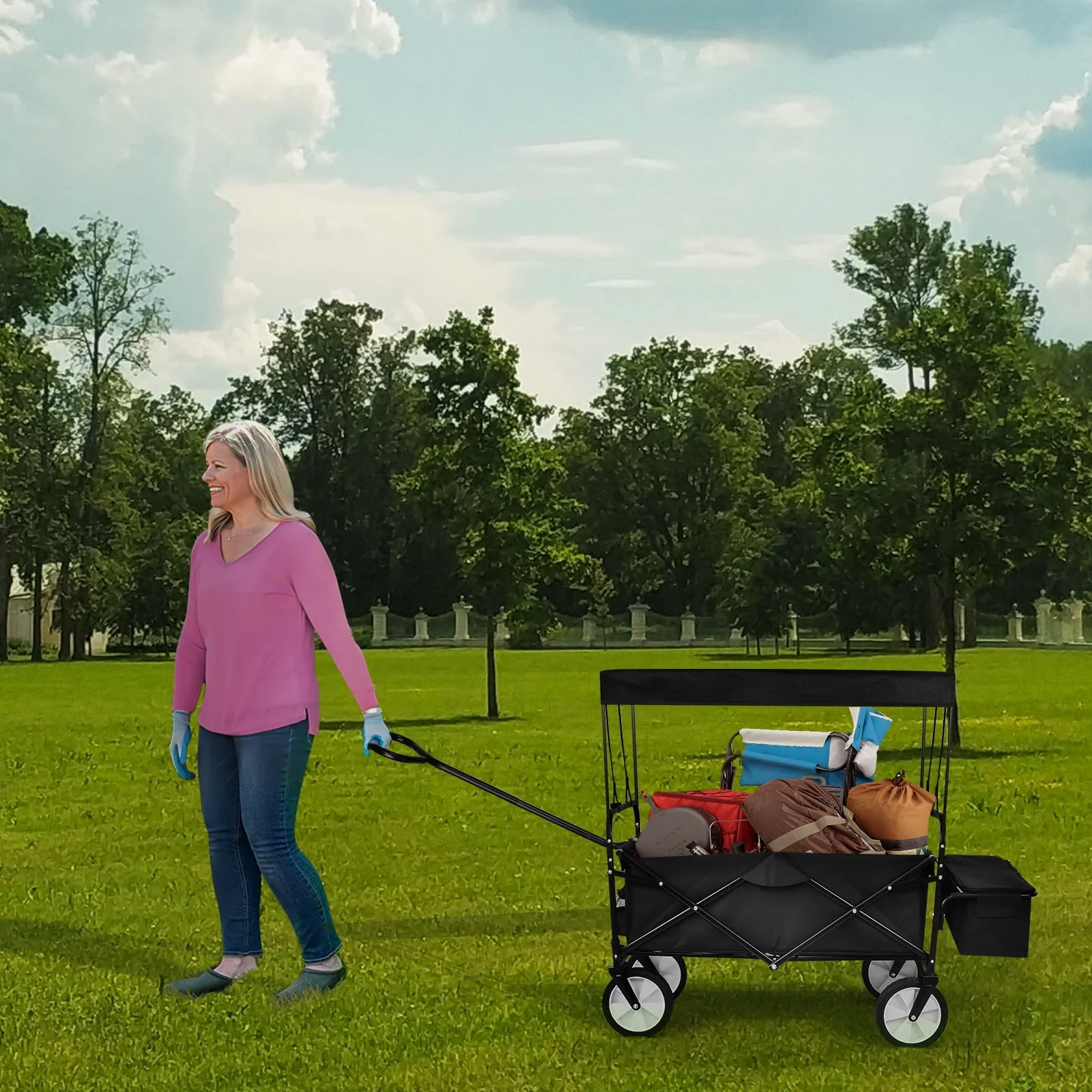 Folding Outdoor Utility Wagon with Removable Canopy,Adjustable Handles Garden Carts,Black