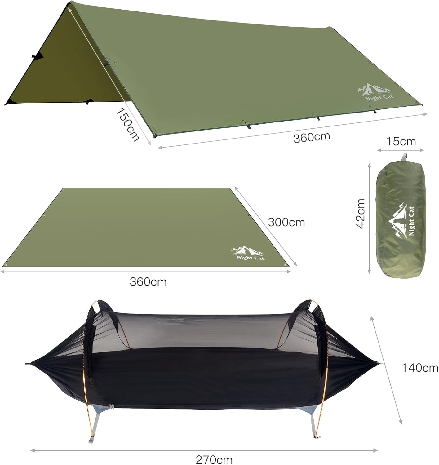 Night Cat Camping Hammock Tent - 1 Person Hammock with Mosquito Net and Rain Fly Tarp Waterproof Lightweight 440lbs