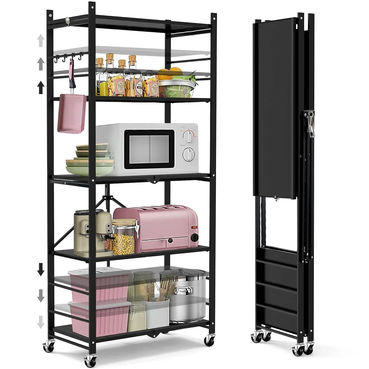 5-Tier Storage Shelving Unit, Metal Shelf, Adjutable Height, Foldable Storage Shelf with Wheels, Garage Shelf, Kitchen Shelf, Side Protective, 550lbs Capacity, Black