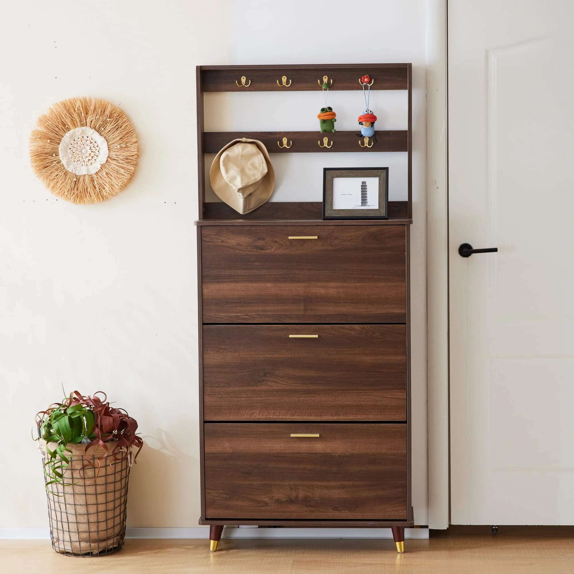 3-Tier Flip Drawer Shoe Cabinets, Hat Coat Rack with Shoe Storage, Entryway Bedroom Armoire, Shoe Cabinet with Open Storage, Brown
