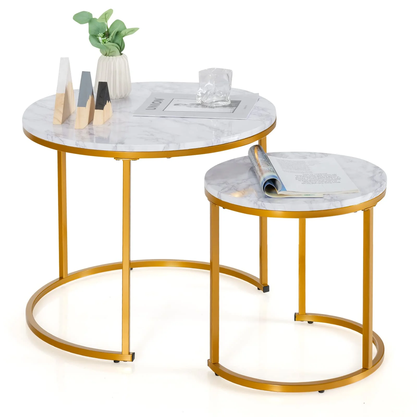 Giantex Nesting Coffee Table Set of 2, Round Stacking Side Tables with Wooden Tabletop & Powder Coated Steel Frame
