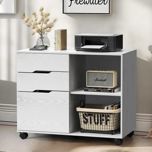Mobile Wood Lateral File Cabinet with Wheels, Wood Storage Organizer with Drawers, Rolling Cabinet for Home Office, Printer Stand & Open Shelves, White