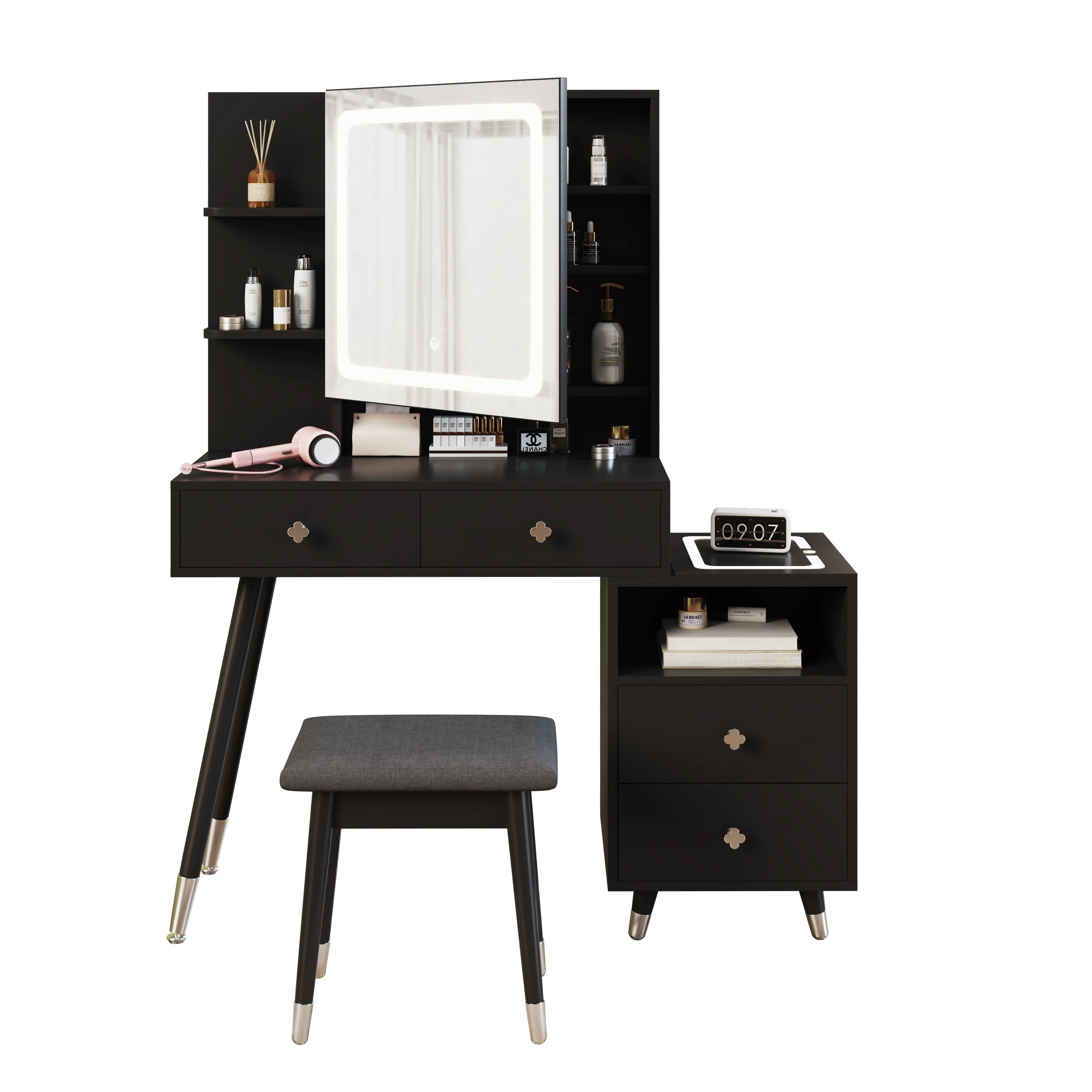 Vanity Desk, Vanity Mirror with Lights and Table Set with 4 Drawers, Vanity Set with Stool and Power Outlet, 3 Lighting Modes Brightness Adjustable for Bedroom Studio