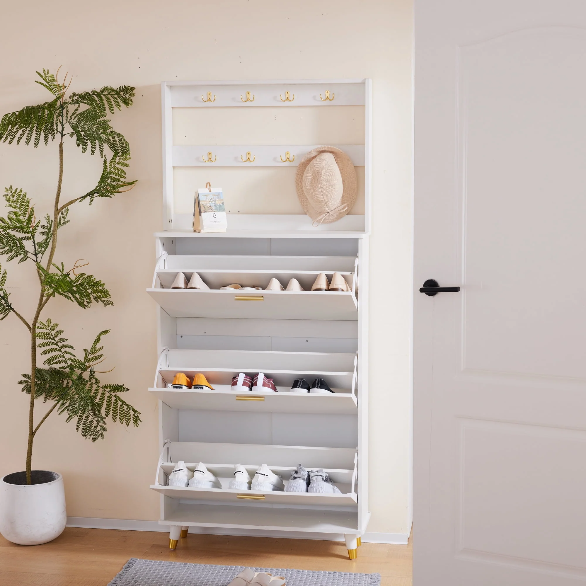 3-Tier Flip Drawer Shoe Cabinets, Hat Coat Rack with Shoe Storage, Entryway Bedroom Armoire, Shoe Cabinet with Open Storage, White