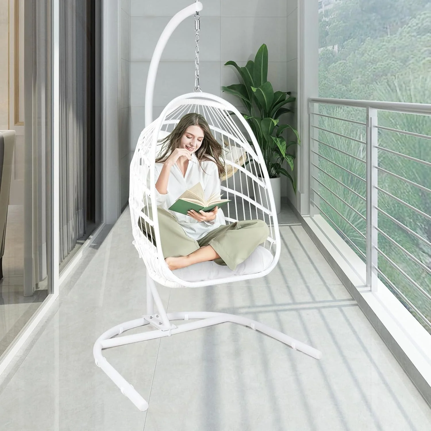 Hanging Egg Chair with Stand, Indoor and Outdoor for Patio, Bedroom, Porch, Garden, 350LBS Capacity, Steel, White