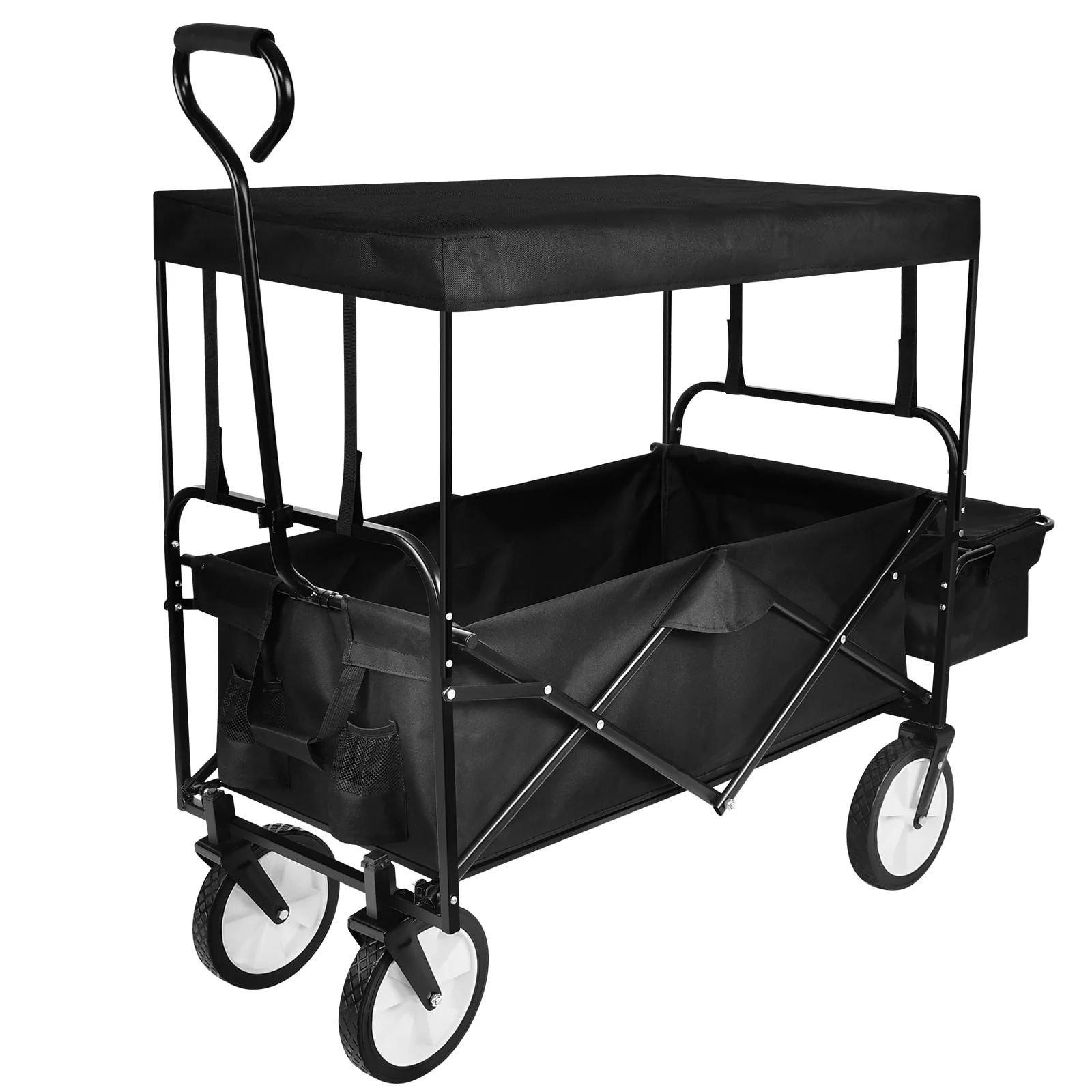 Folding Outdoor Utility Wagon with Removable Canopy,Adjustable Handles Garden Carts,Black