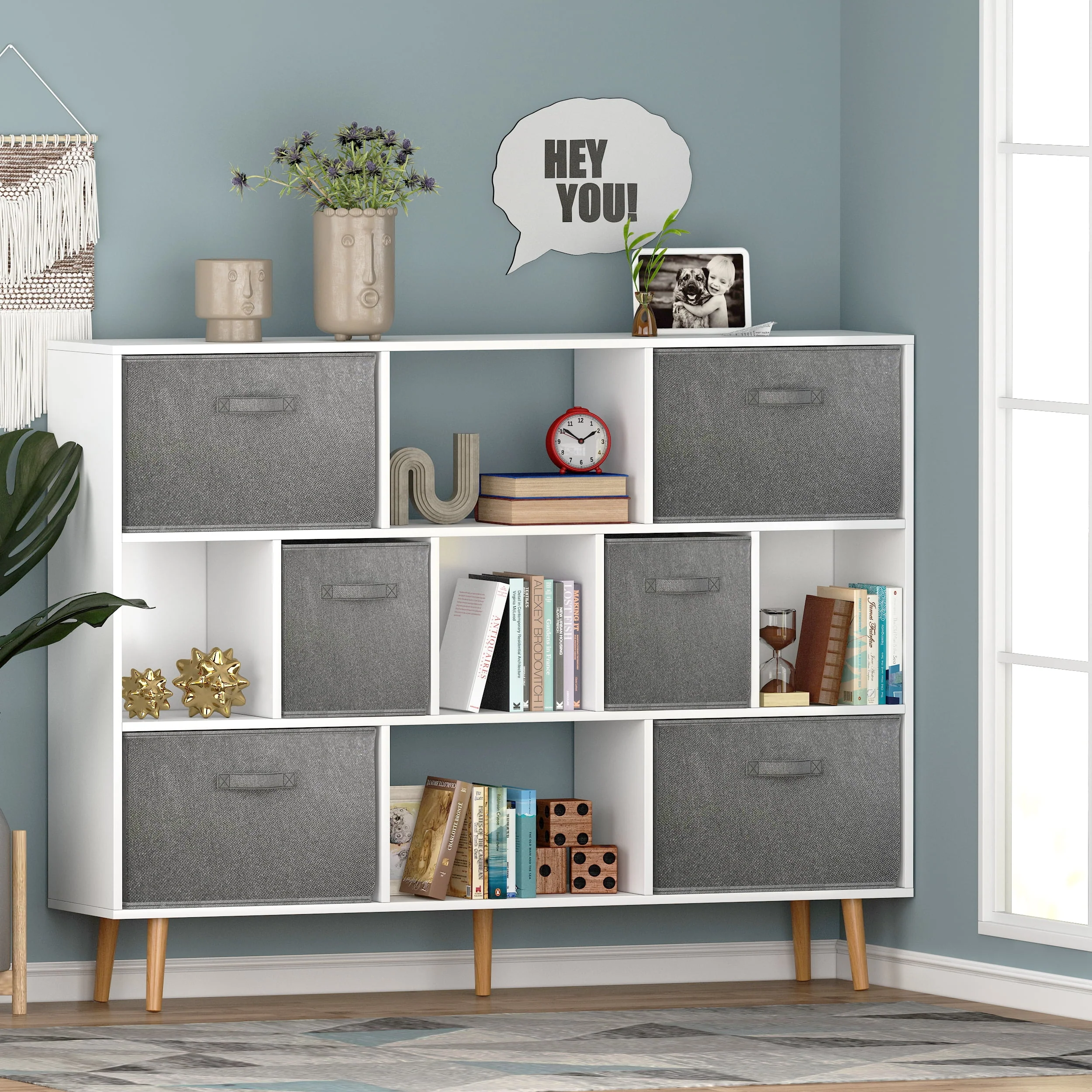 11-Cube Storage Organizer, Bookshelf with Storage Bins, 4 Tier Freestanding Open Bookshelf with 6 Nonwoven Fabric Drawers,White