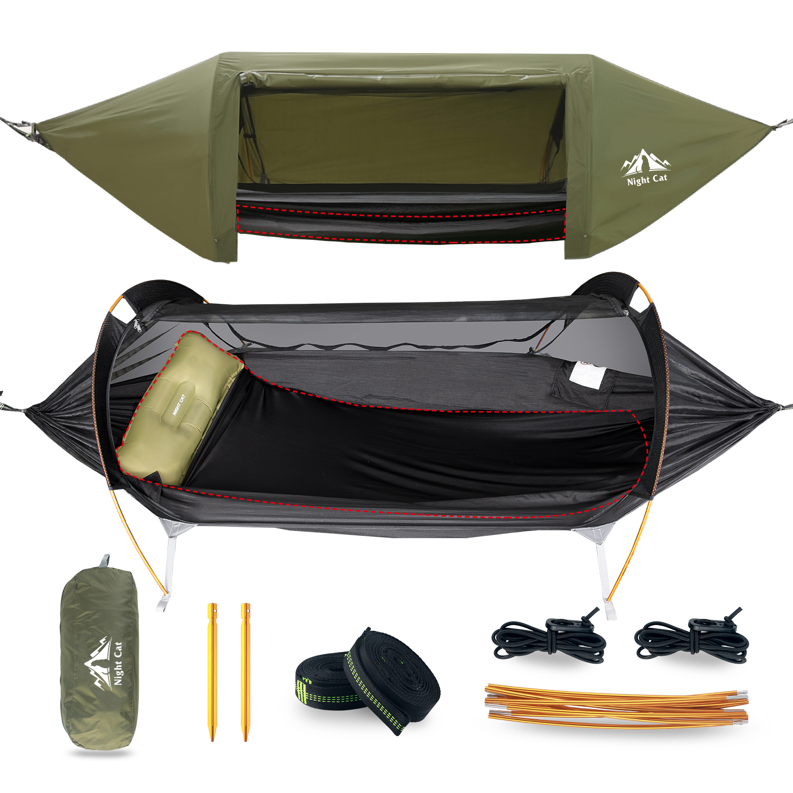 Night Cat 3 in 1 Hammock Tent with Storage Pocket for Sleeping Pad(Exclude) with Bug Net and Rainfly 1 2 Persons Backpacking Camp Tent Waterproof Lightweight 440lbs