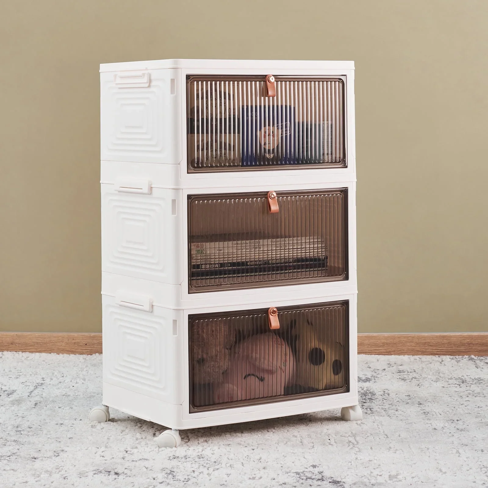3 Tier Foldable Storage Box, Plastic Drawers with lids Storage Organizer Containers for Bedroom, Toys Room, Kitchen, Office, Stackable Storage Bins with Wheels
