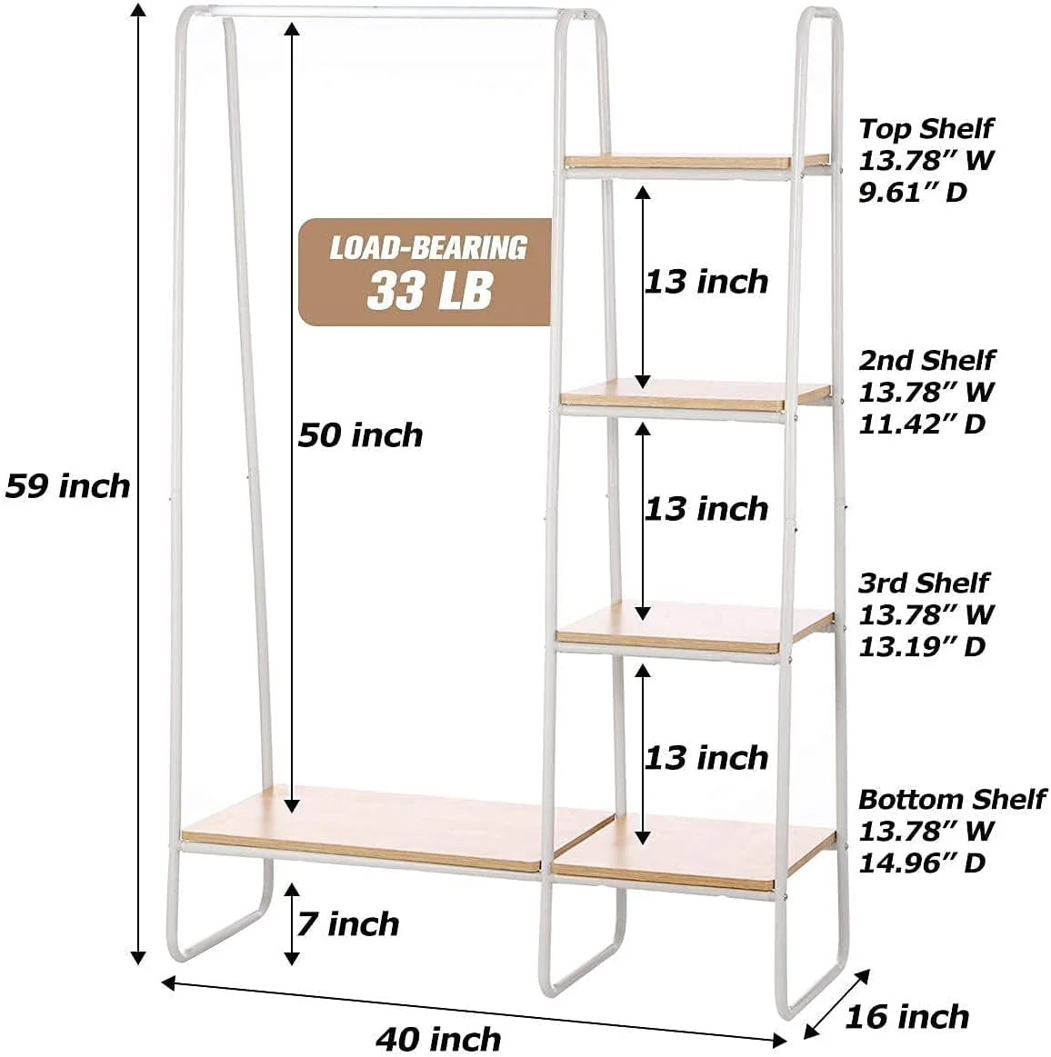 Clothing Rack Garment Rack with Shelves Wardrobe Rack Freestanding Closet Racks with Metal Hanger Rod and 4-Tier Wood Shelves Heavy Duty Clothes Rack for Bedroom Living Room Entryway, White