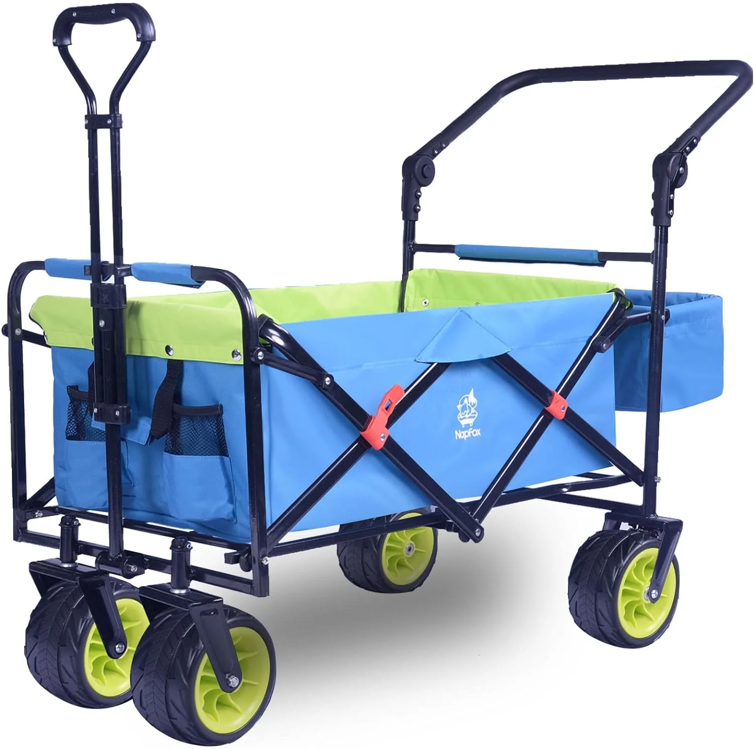 Collapsible Folding Wagon Cart, Heavy Duty Utility Wagon with Removable Rear Bag & Adjustable Push Pull Handle, All Terrain Beach Wagon with Big Wheel for Sand, Blue