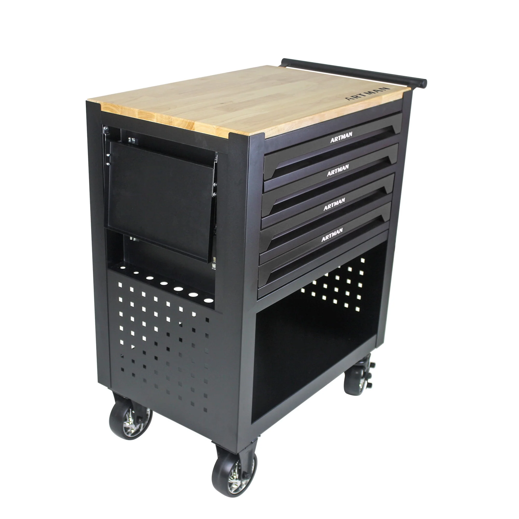 4 Drawers Multifunctional Tool Cart With Wheels And Wooden Top, 30.30
