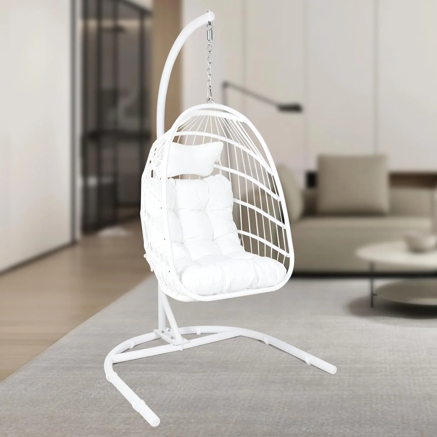 Hanging Egg Chair with Stand, Indoor and Outdoor for Patio, Bedroom, Porch, Garden, 350LBS Capacity, Steel, White