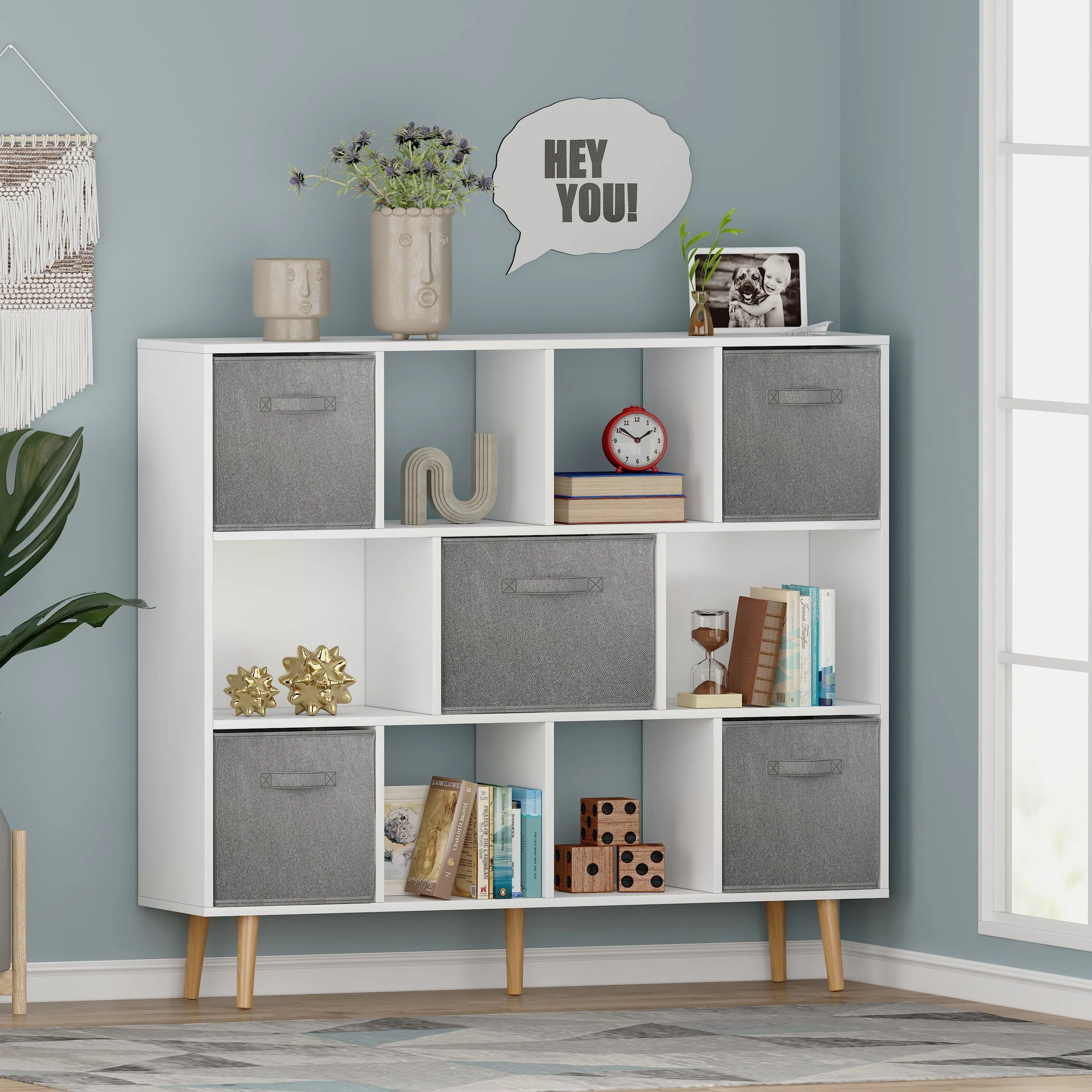 11-Cube Storage Organizer, Bookshelf with Storage Bins, 4 Tier Freestanding Open Bookshelf with 5 Nonwoven Fabric Drawers,White