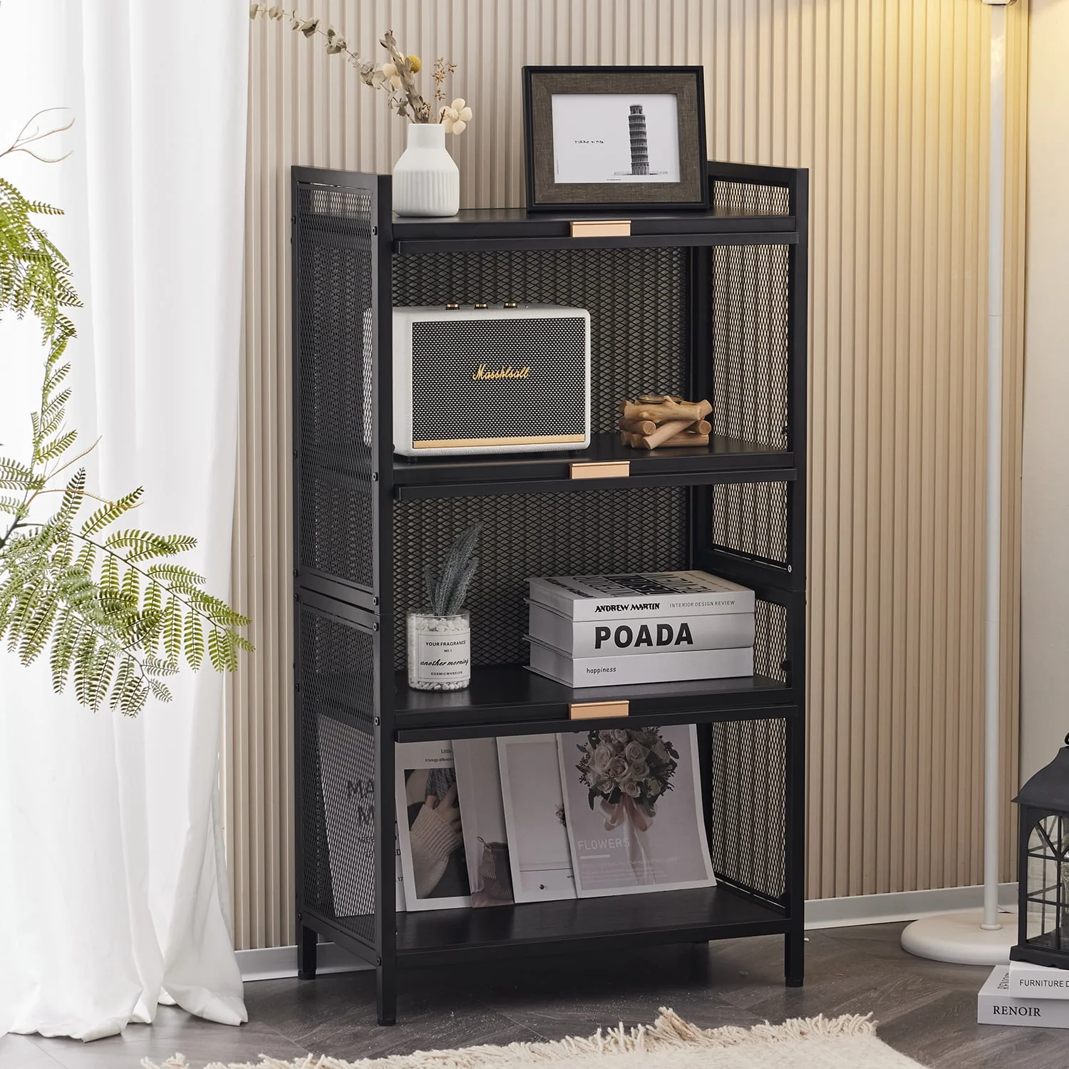 4-Tier Storage Shelf, Kitchen Storage Cabinet with Flip-up PC Doors, Mobile Microwave Stand, Freestanding Kitchen Bakers Rack with 4 Rolling Casters, 23.62