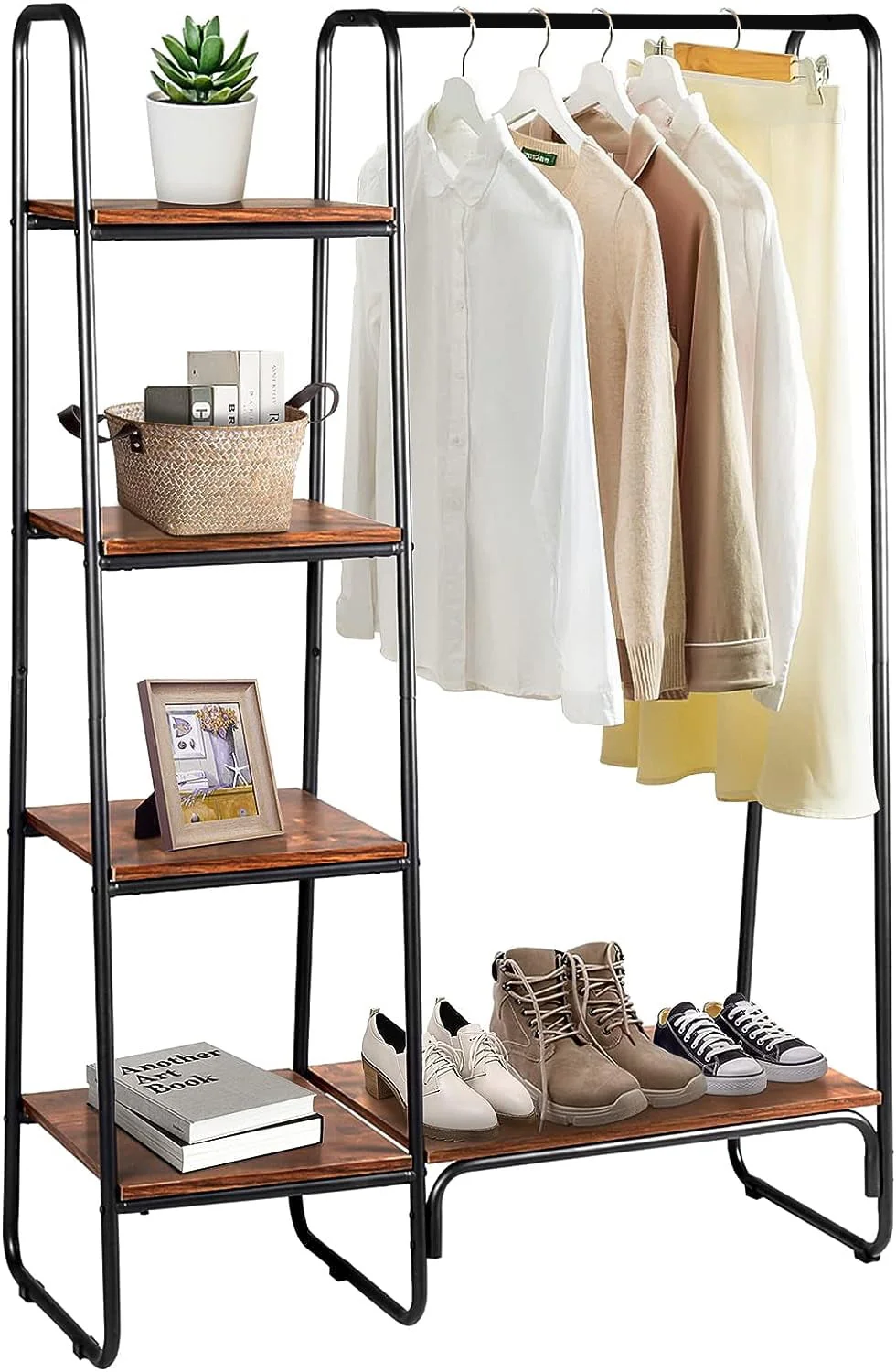 Clothing Rack Garment Rack with Shelves Wardrobe Rack Freestanding Closet Racks with Metal Hanger Rod and 4-Tier Wood Shelves Heavy Duty Clothes Rack for Bedroom Living Room Entryway, Brown