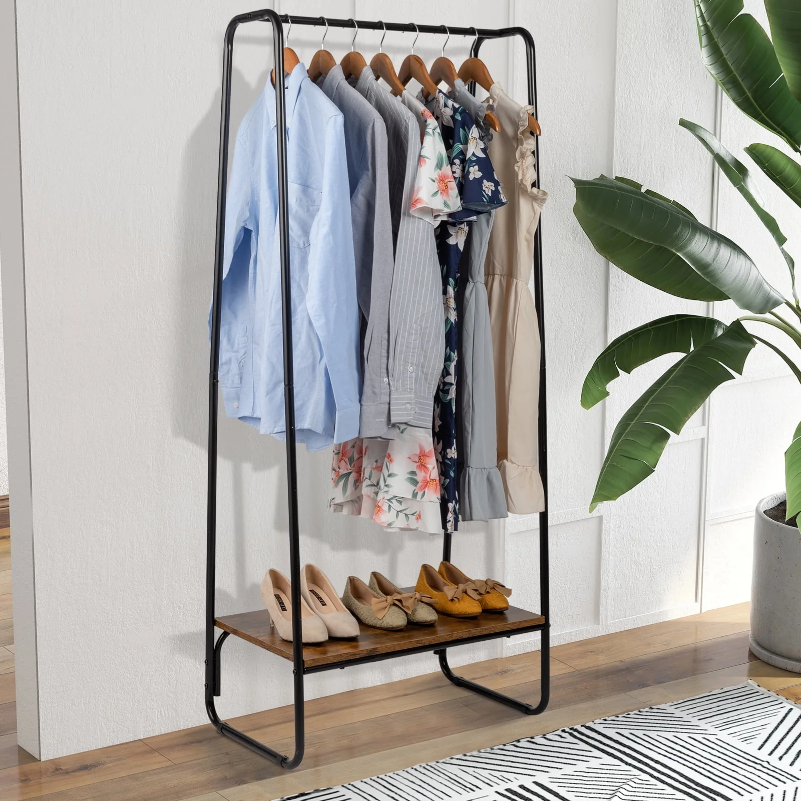 Clothes Rack for Hanging Clothes with Bottom Wood Shelf, Freestanding Clothing Rack, Easy to Assemble Garment Rack, Metal, Sturdy, Small Space Storage Rack, Brown