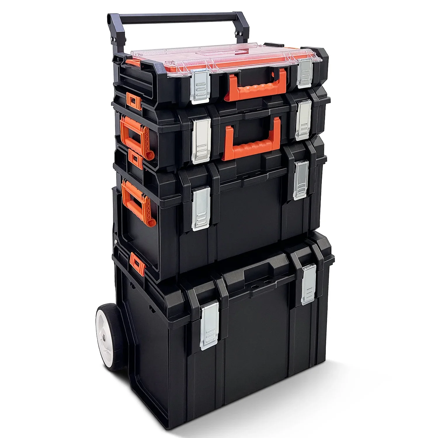 Stackable Storage System - 4 Pieces Set, Rolling Tool Box Set Mobile Tool Chest Storage Organizer Portable . Mobile Utility Cart with Comfort Grip Handle and Tough Latches, Black