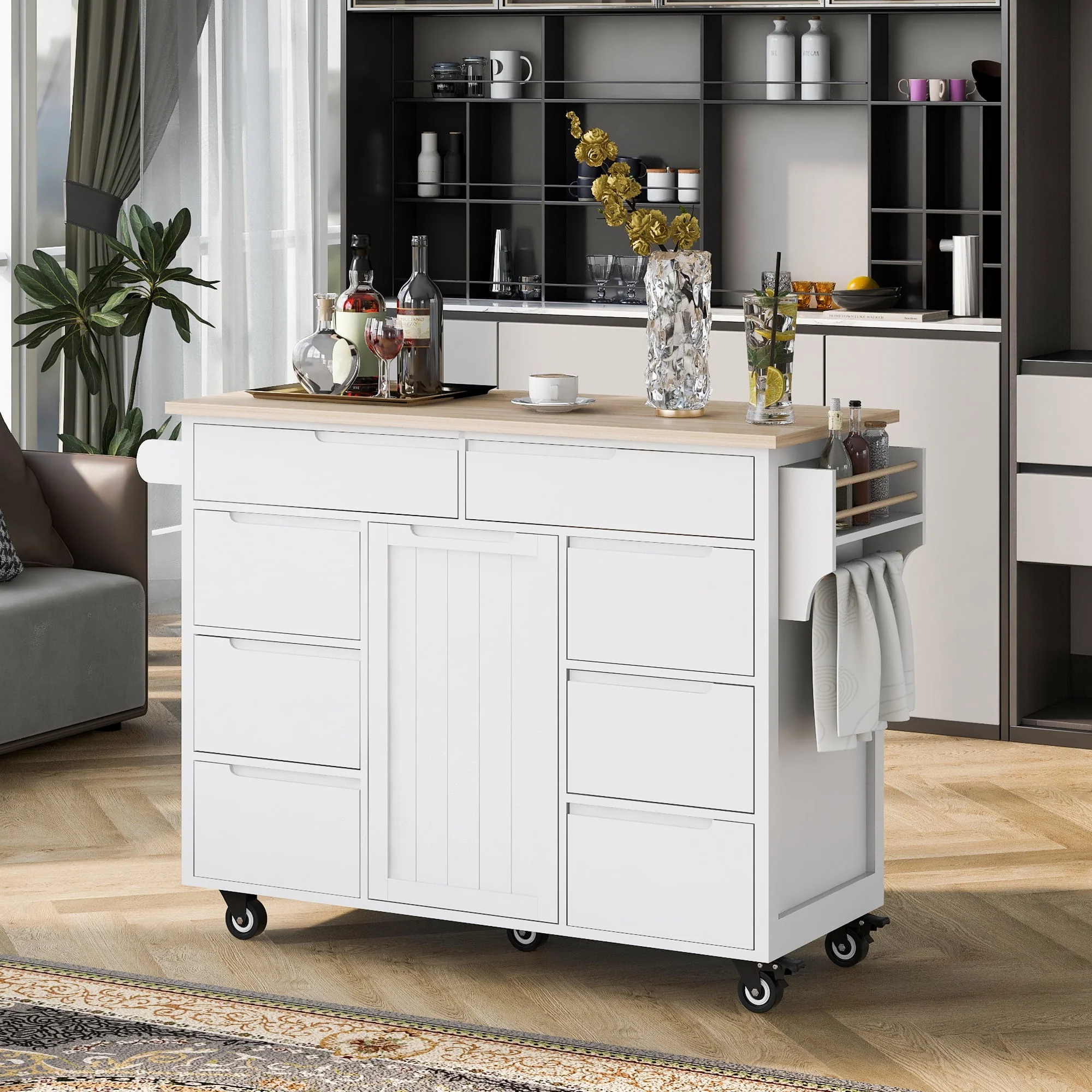 Kitchen Cart with Wood Countertop, Rolling Kitchen Storage Cabinet on Wheels with 8 Handle-Free Drawers, Rolling Mobile Kitchen Island with Towel Rack, 53.2