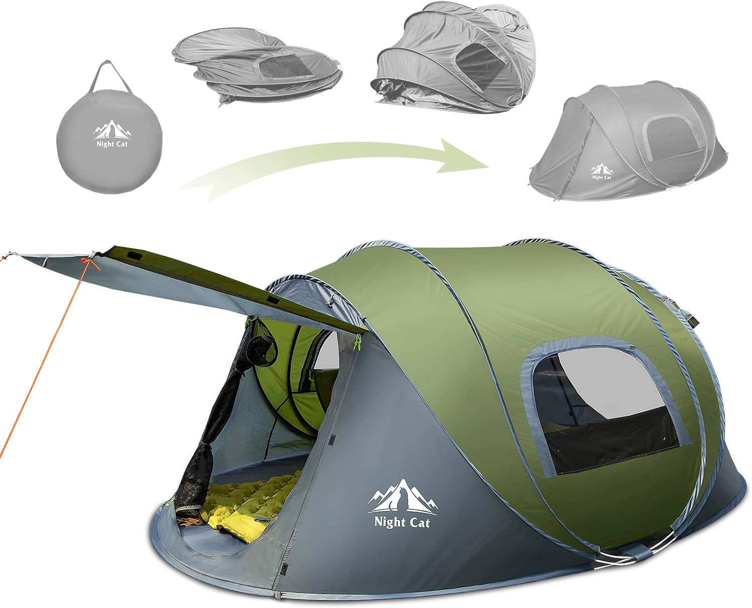 Night Cat Pop-up Camping Tent: 2 Person Pop Out Tent Waterproof Instant Easy Setup Family Tent