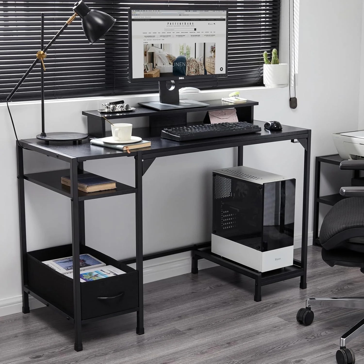 47 inch Computer Desk, Office Desk with a Monitor Stand and Fabric Drawer, Writing Gaming Table with Shelves and 2 Hooks for Home Office, Black