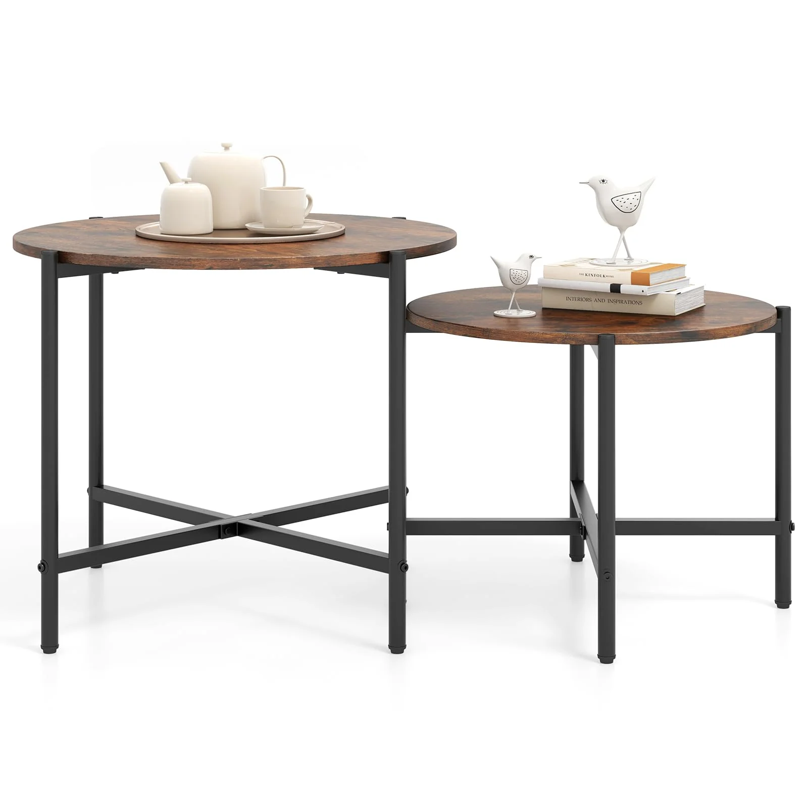 Giantex Round Coffee Table Set of 2, Nesting Tables with Metal Frame, Imitated Wood Grain Top