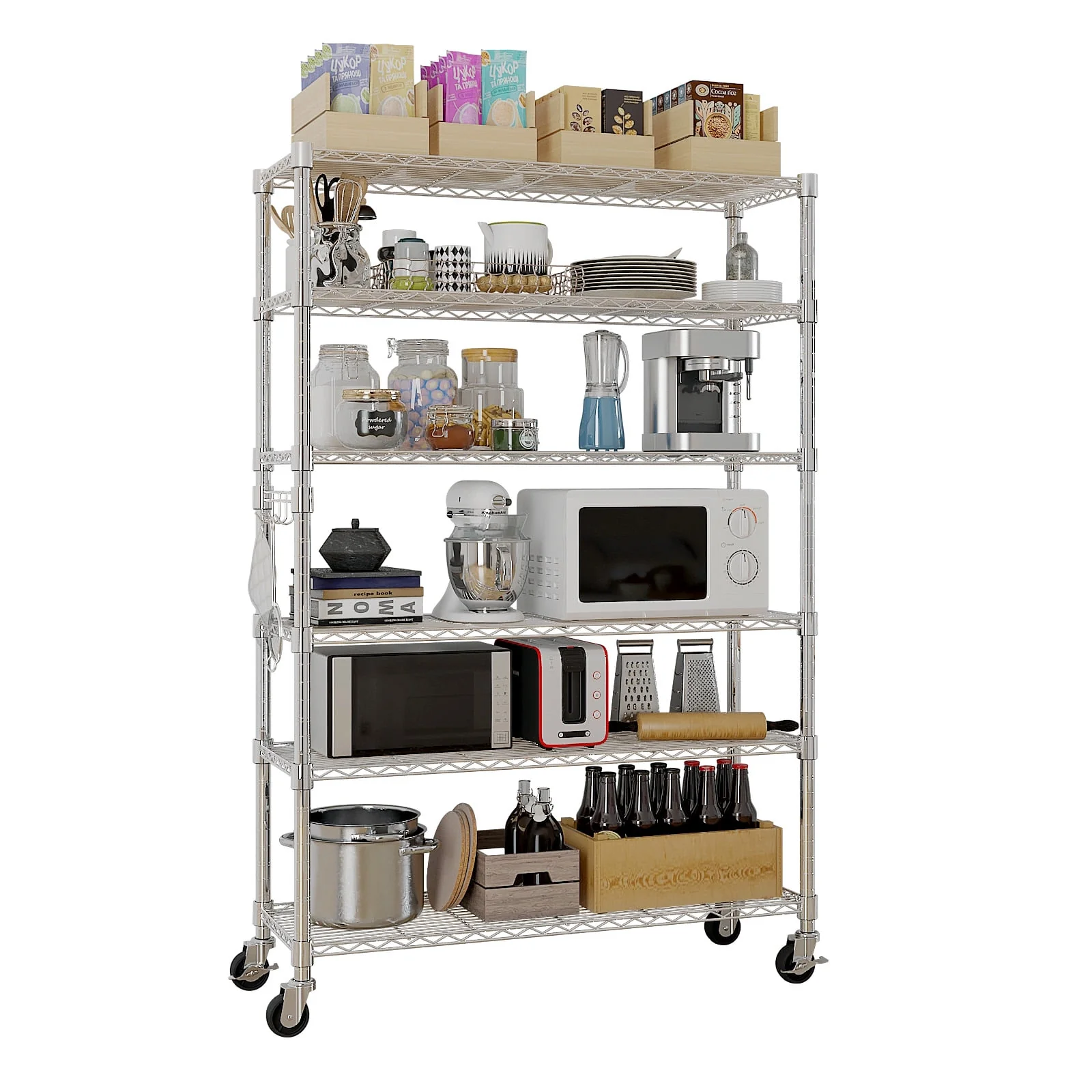 6-Tier Storage Shelves, Wire Shelving Unit on Wheels Heavy Duty Shelves Adjustable Steel Shelving, Metal Storage Shelf with Hook, 46.06
