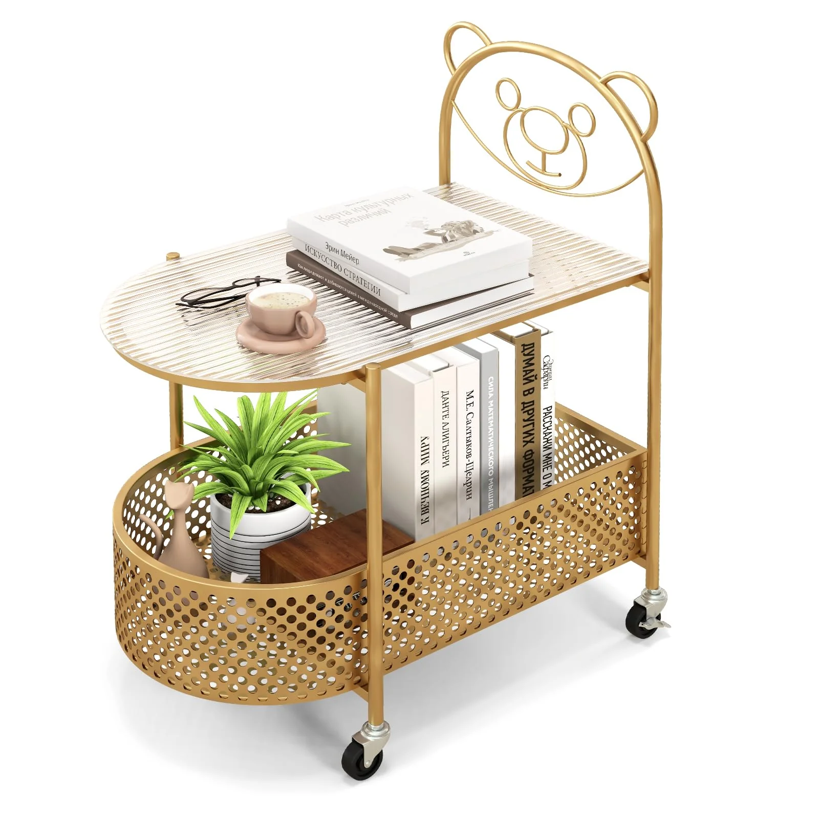 Giantex Mobile Glass Coffee Table, 2-Tier Modern Cocktail Table with Bear Pattern, Storage Basket & Metal Frame