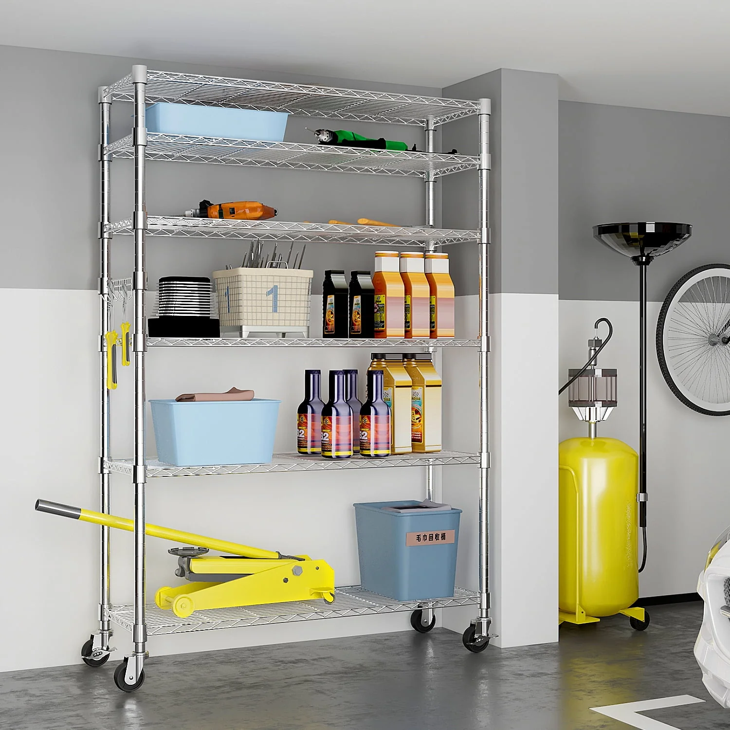 6-Tier Storage Shelves, Wire Shelving Unit on Wheels Heavy Duty Shelves Adjustable Steel Shelving, Metal Storage Shelf with Hook, 46.06