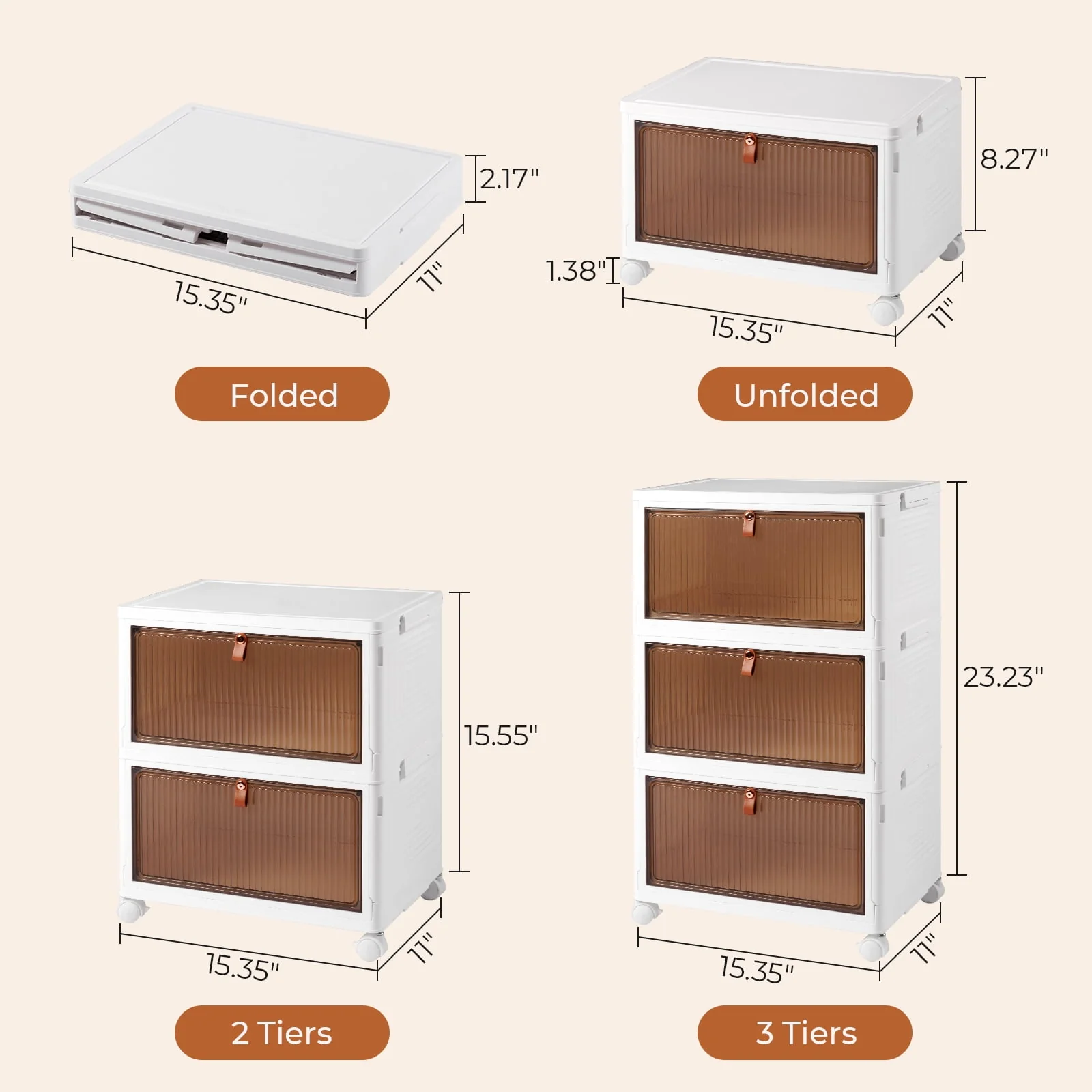 3 Tier Foldable Storage Box, Plastic Drawers with lids Storage Organizer Containers for Bedroom, Toys Room, Kitchen, Office, Stackable Storage Bins with Wheels