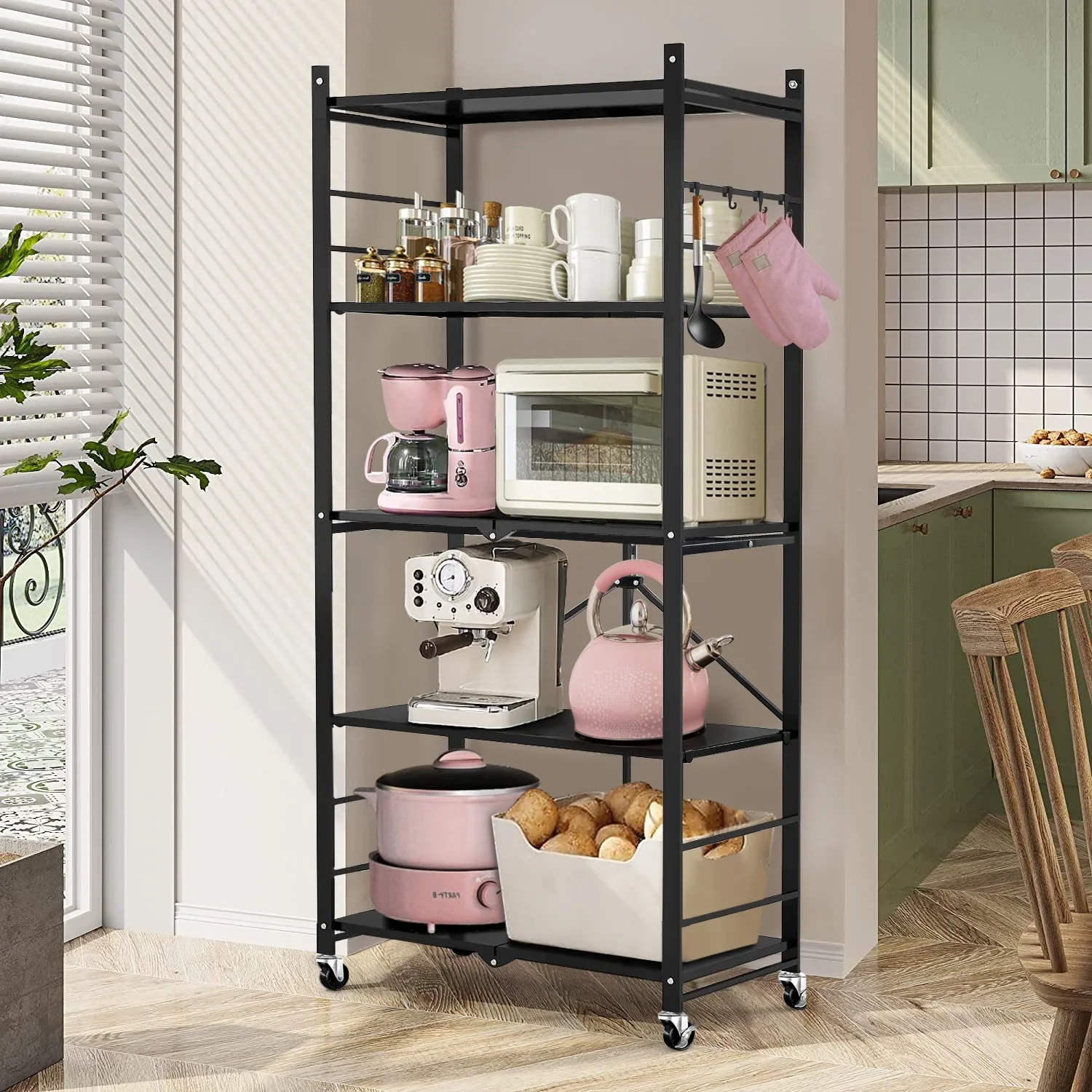5-Tier Storage Shelving Unit, Metal Shelf, Adjutable Height, Foldable Storage Shelf with Wheels, Garage Shelf, Kitchen Shelf, Side Protective, 550lbs Capacity, Black