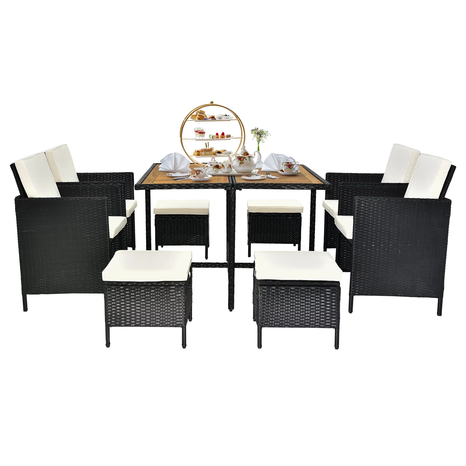 Patio Dining Table Set, 9 Piece Outdoor Furniture Sets, Black Wicker Rattan Dining Table and Chairs Set, Patio Conversation Set with Cushions for Garden & Backyard, Beige