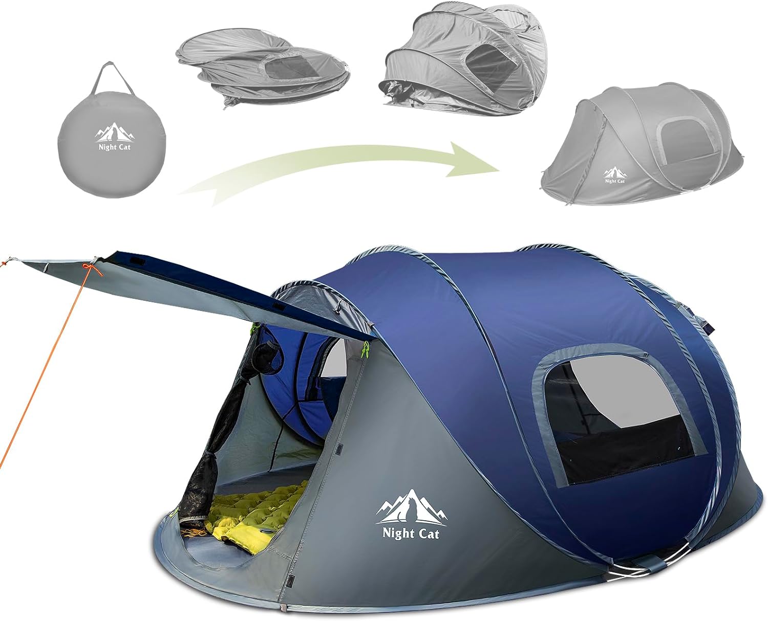 Night Cat Pop-up Camping Tent: 2 Person Pop Out Tent Waterproof Instant Easy Setup Family Tent