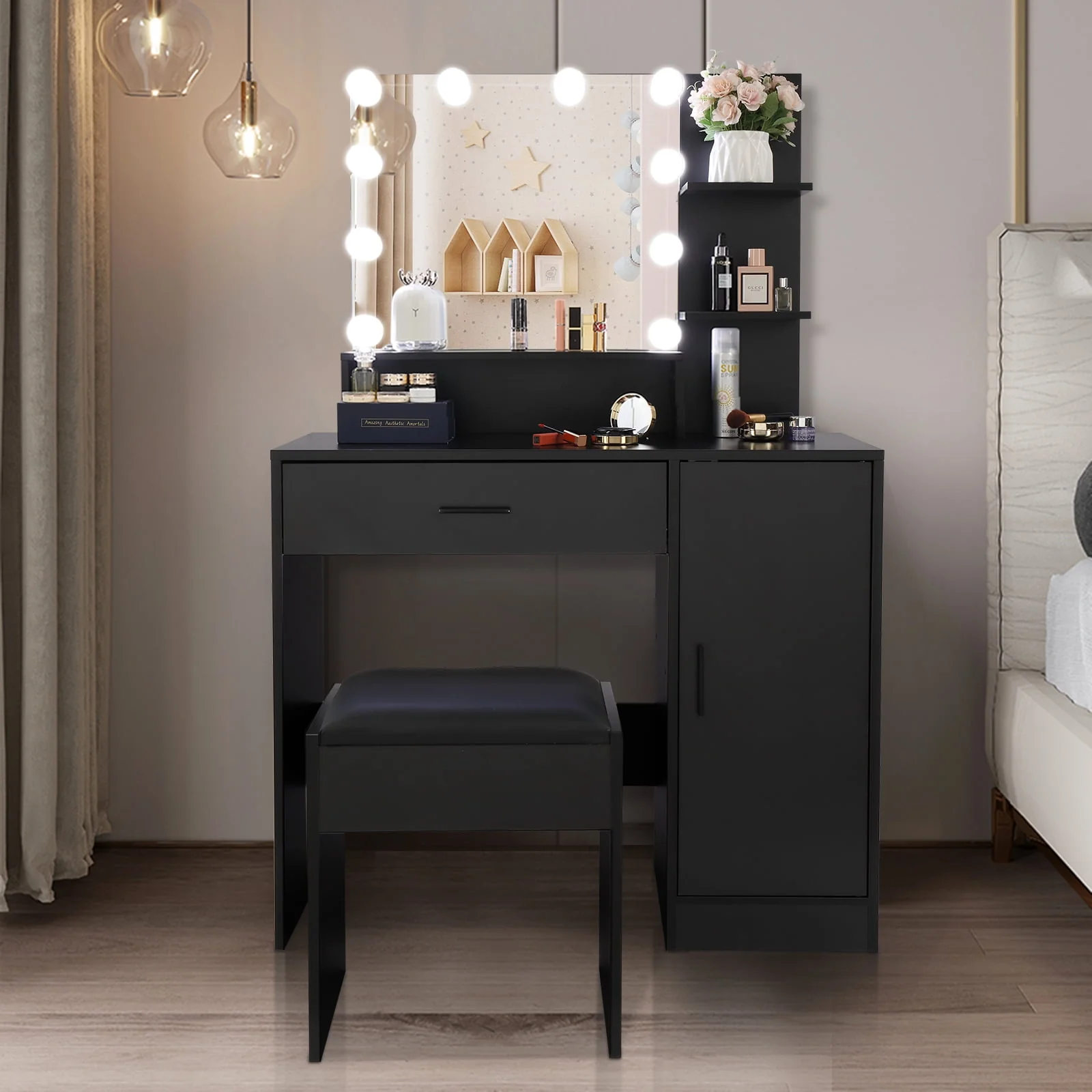 Vanity Set with Lighted Mirror, 10 LED Bulbs Vanity Dressing Table with 3 Storage Shelves 1 Drawer 1 Cabinet, Makeup Table with Cushioned Stool, Black