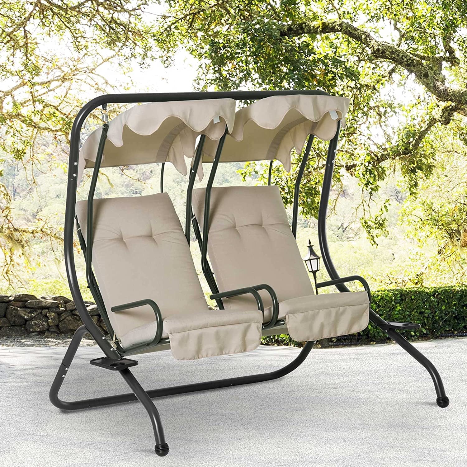 2-Seat Porch Swing with Stand, Outdoor Swing Glider with Removable Canopy and Cup Holders for Porch, Garden, Backyard, 480 lbs Capacity, Beige
