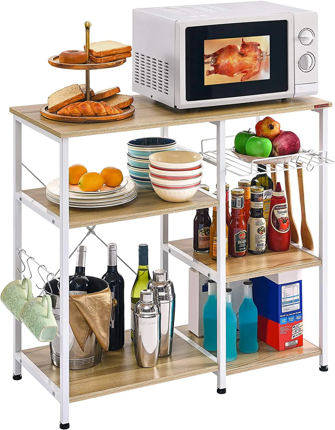 Kitchen Bakers Rack, Utility Storage Shelf, Microwave Oven Stand Shelf with Hooks, 3-Tier+3-Tier Table for Kitchen Organizer, Beige