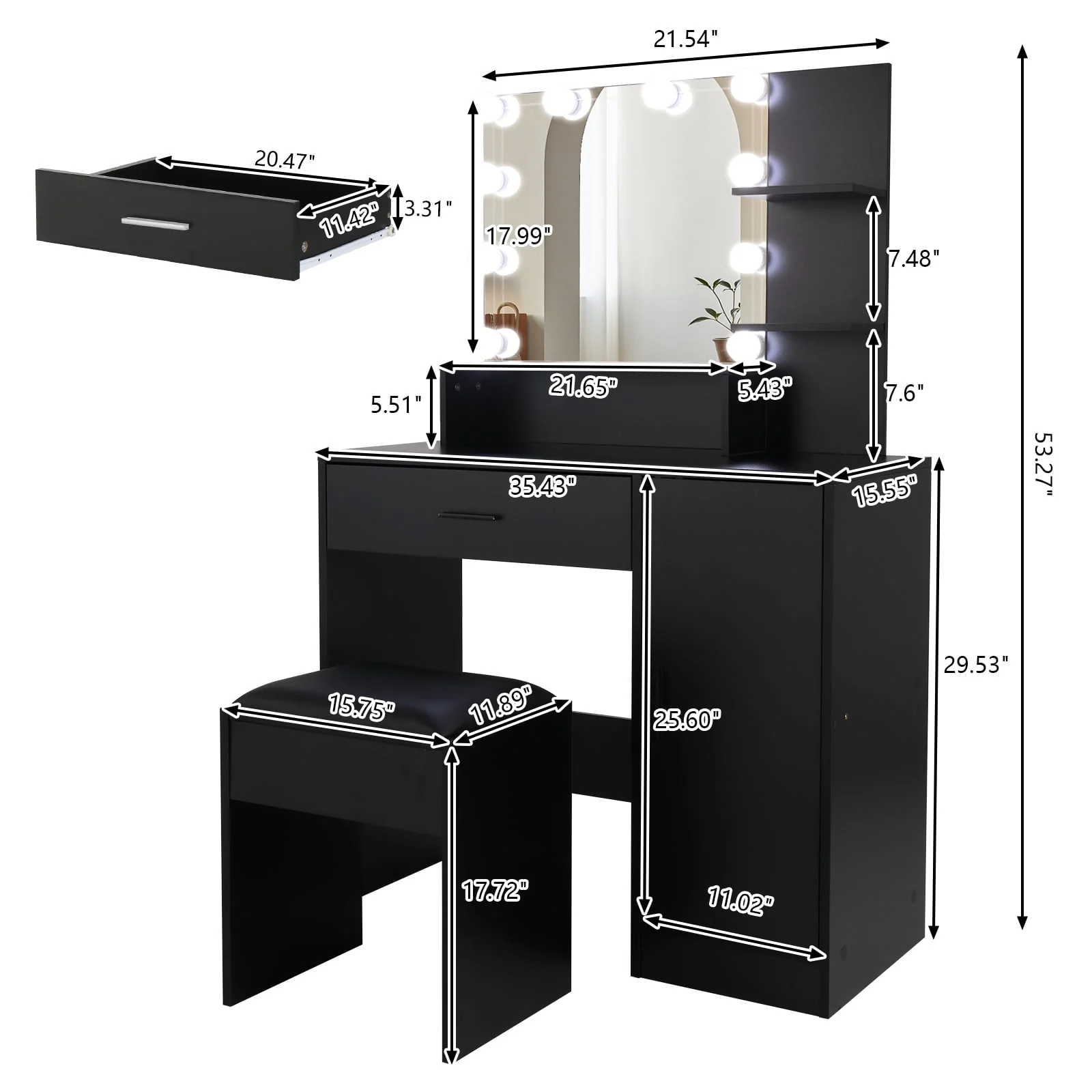 Vanity Set with Lighted Mirror, 10 LED Bulbs Vanity Dressing Table with 3 Storage Shelves 1 Drawer 1 Cabinet, Makeup Table with Cushioned Stool, Black