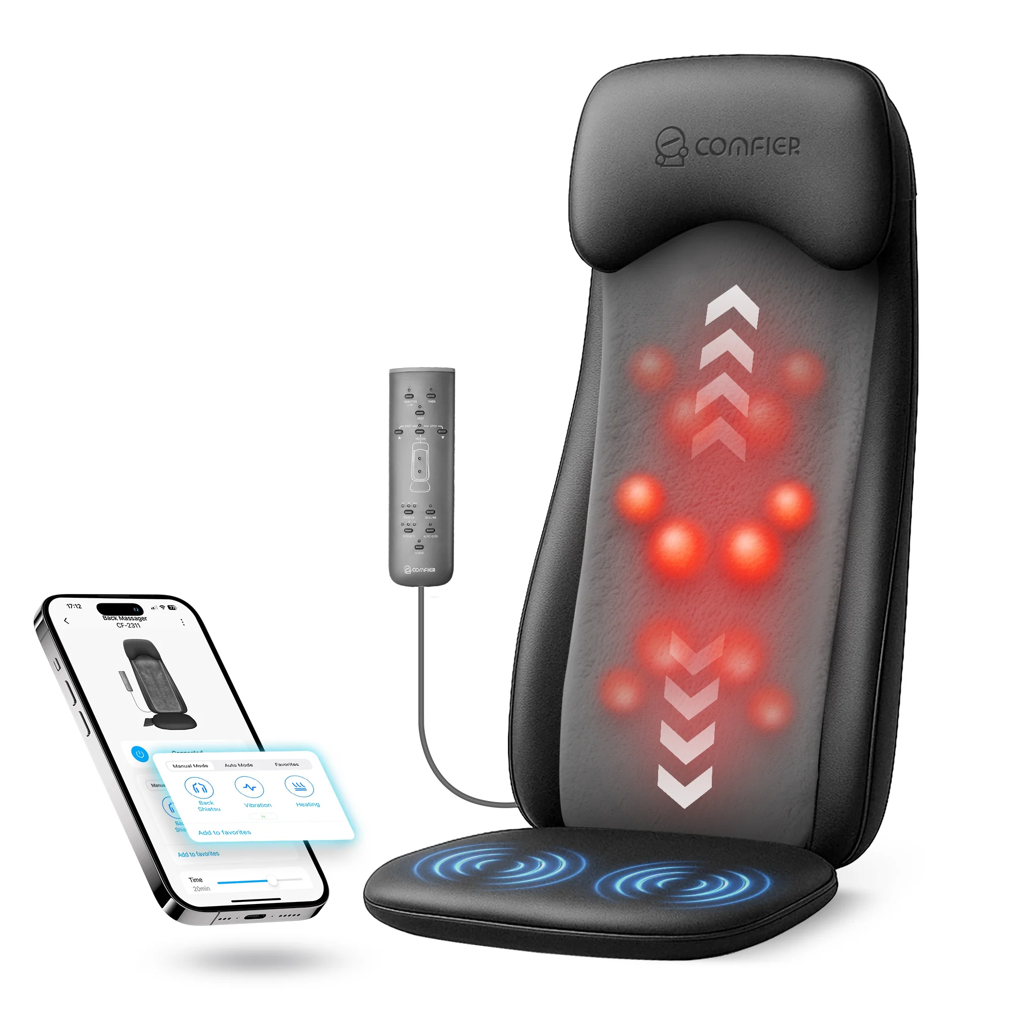 COMFIER Shiatsu Massage Cushion with Heat,2D/3D Shiatu Back Massager with App Control,Deep Tissue Kneading Massage Chair Pad with Vibration, Back Massager for Chair CF-2311-APP