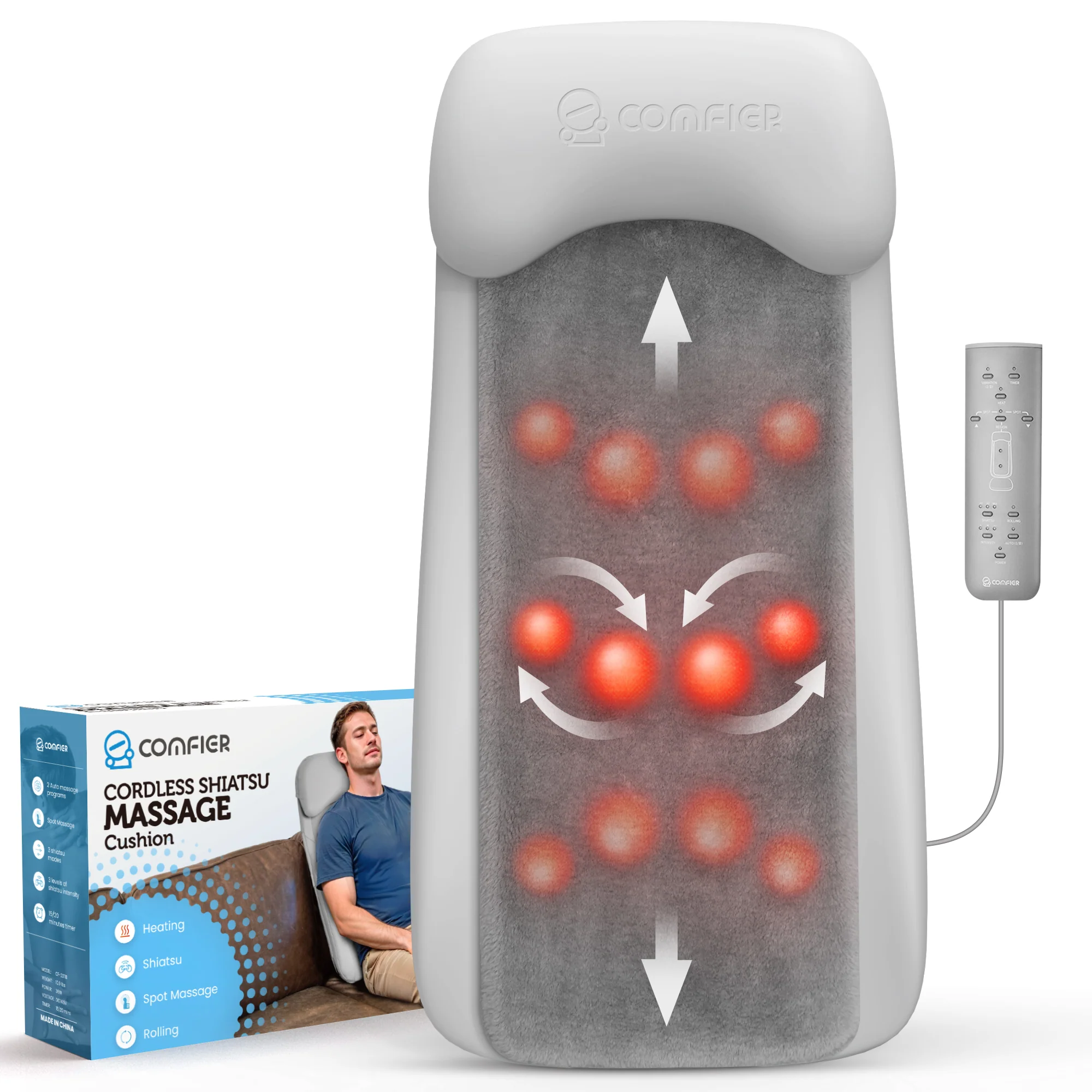 COMFIER Cordless Back Massage Chair Pad with Multi Functions, 2D/3D/Mix Shiatsu Neck and Back Massager with Heat CF-2311B
