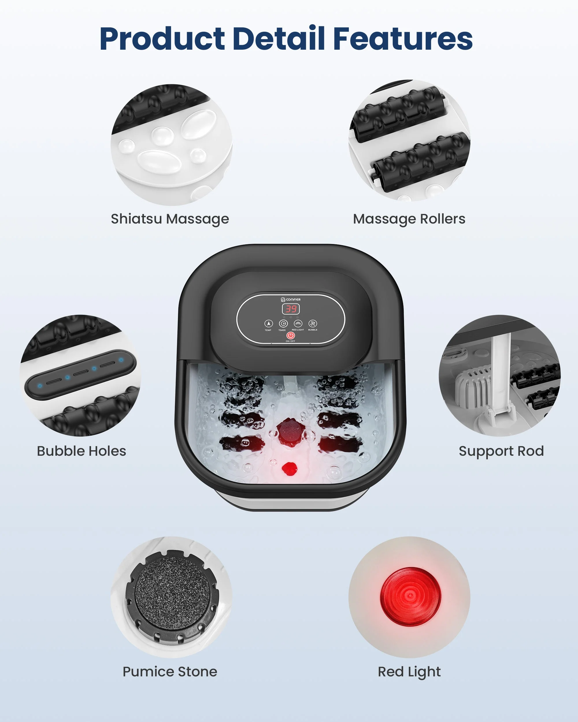 COMFIER Collapsible Foot Spa Bath Massager with Heat, Pedicure Foot Spa with Bubbles, Red Light, Pumice Stone and Shiatsu Massage Rollers, Heated Bath Spa for Relaxation and Stress Relief CF-5415