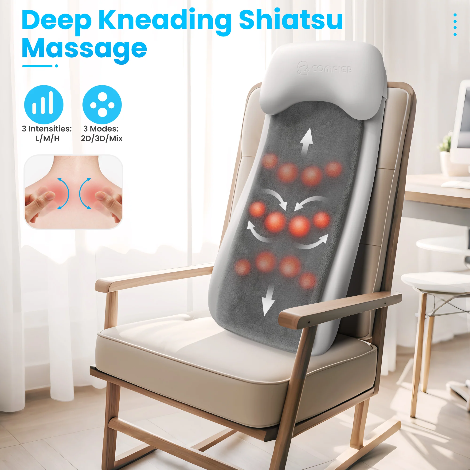 COMFIER Cordless Back Massage Chair Pad with Multi Functions, 2D/3D/Mix Shiatsu Neck and Back Massager with Heat CF-2311B