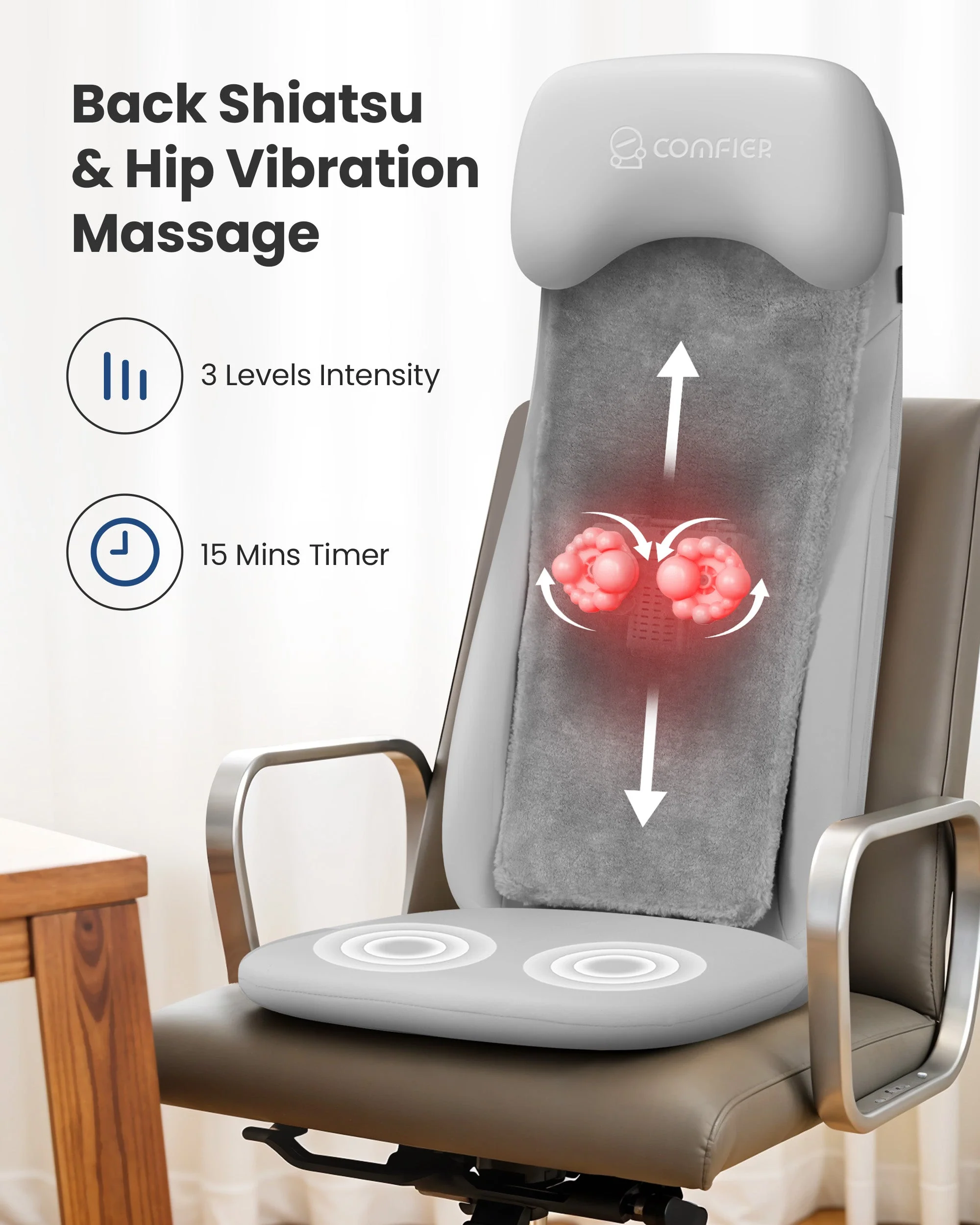 COMFIER Shiatsu Back Massager with Heat, Deep Tissue Kneading Chair Massager with Vibration CF-2311