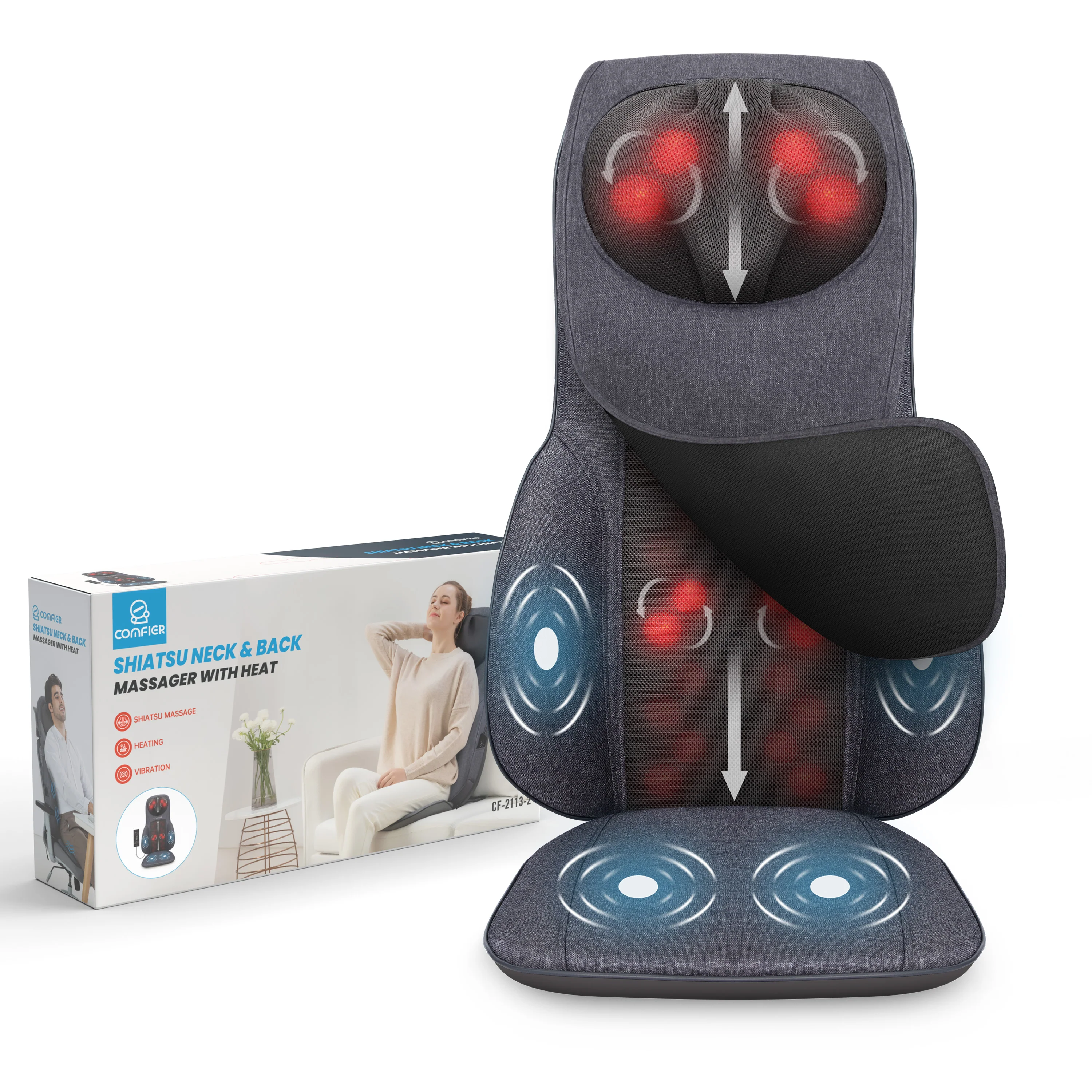 COMFIER Shiatsu Neck Back Massage Seat Cushion with Heat, Adjustable Kneading Rolling Massage Chair CF-2113