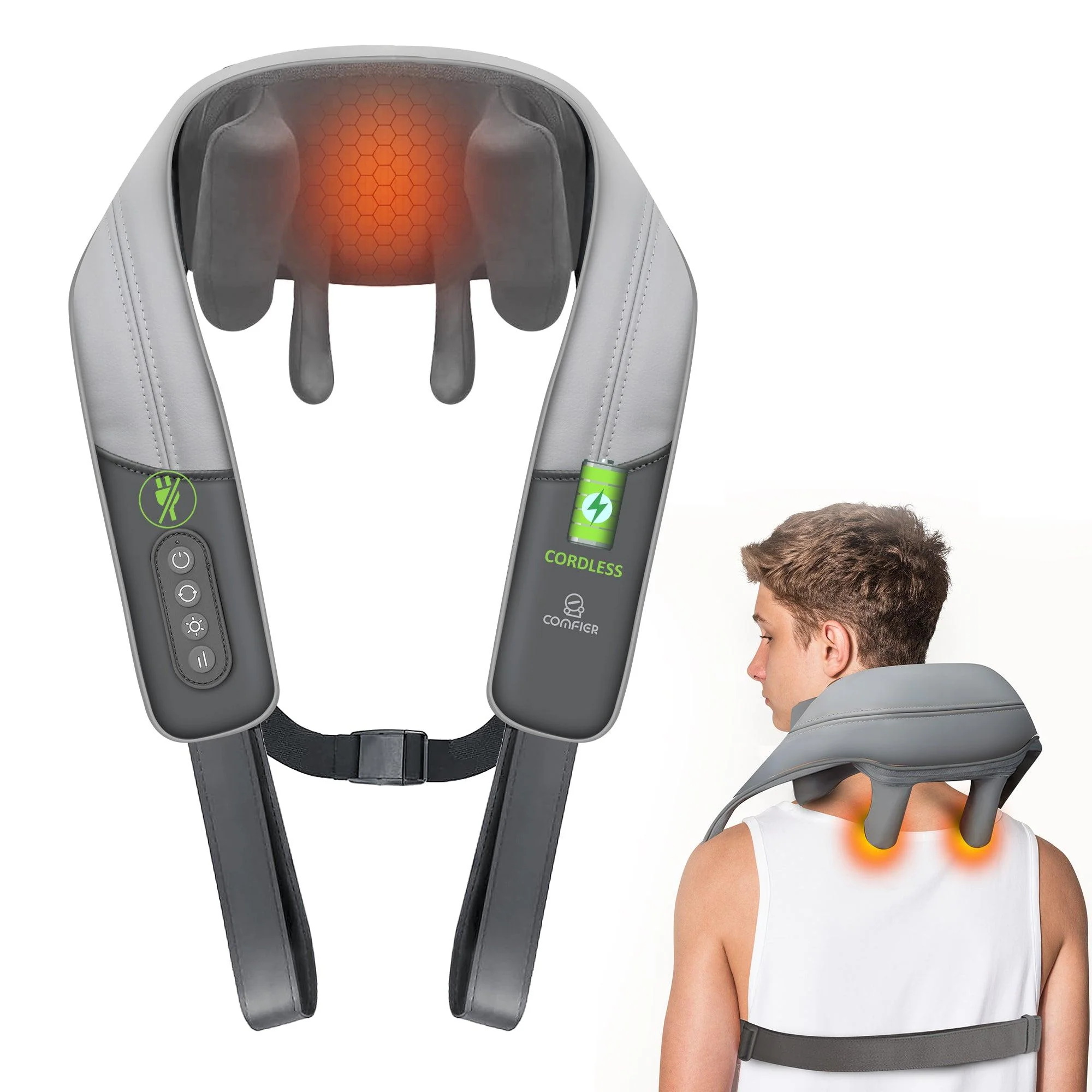 COMFIER Cordless Neck Massager with Heat, Deep Tissue Kneading Massage Pillow for Back Neck and Shoulder, Pain Relief, Mother's Day Gift CF-6812