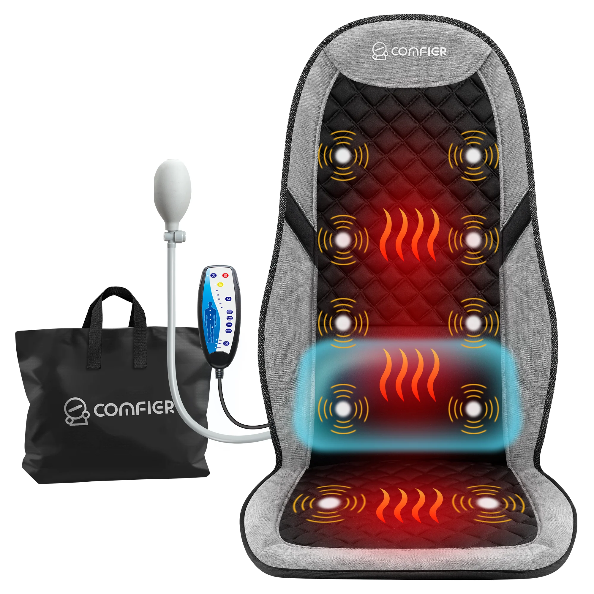 COMFIER Back Massager with Heat, Massage Seat Cushion for Chair with 10 Vibration Motors, Adjustable Lumbar Support, Chair Massager CF-2421