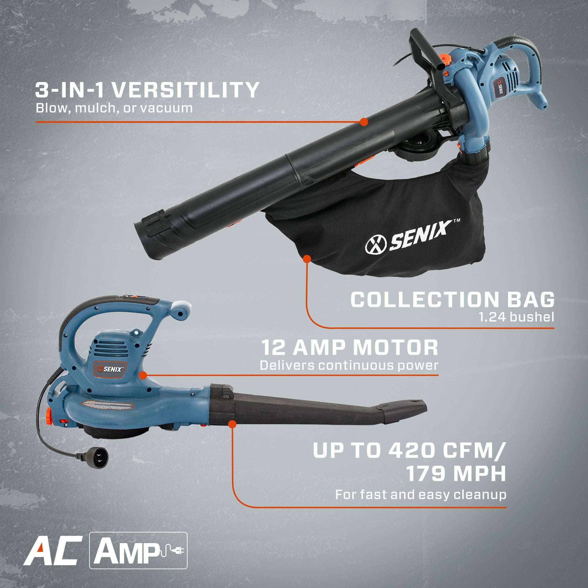 12 Amp Corded Electric 3-in-1 Leaf Blower, Vacuum, and Mulcher